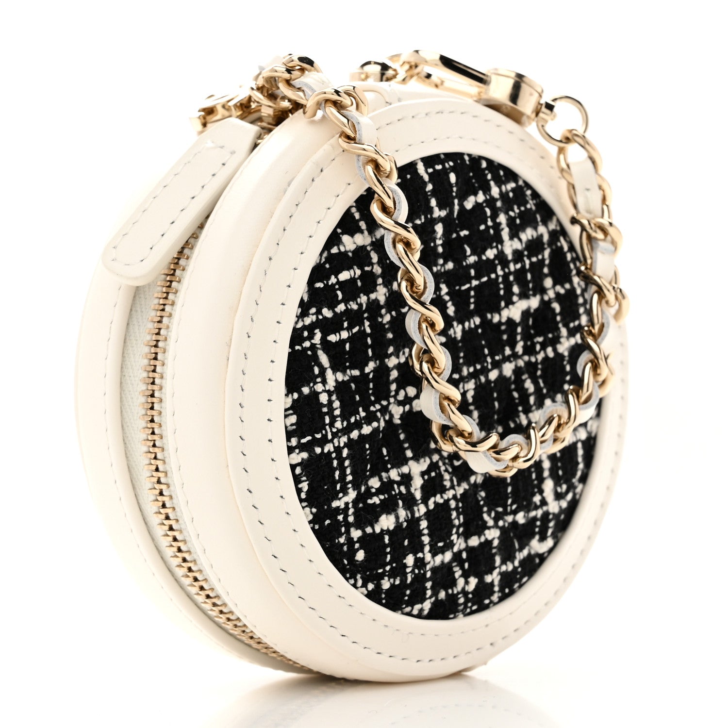 Tweed Quilted Round Filigree Pouch With Chain White Black