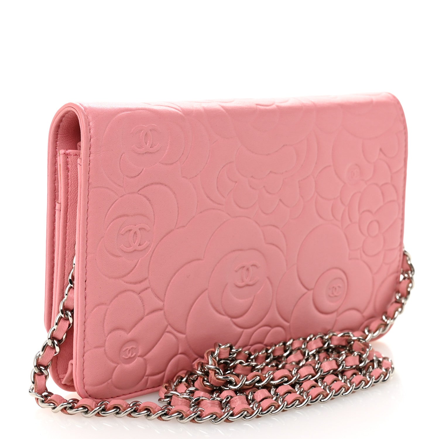 Lambskin Camellia Embossed Wallet on Chain WOC Pink