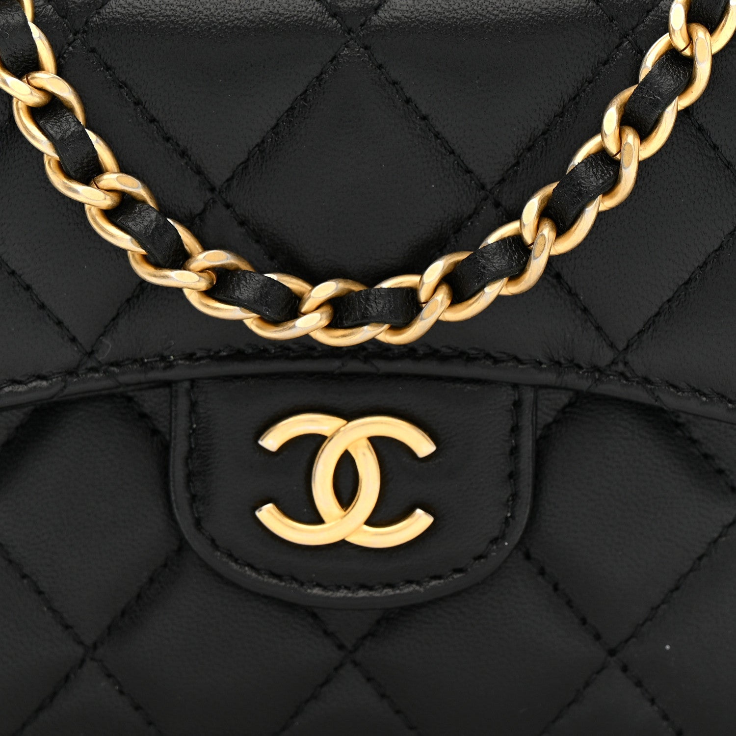 Lambskin Quilted Top Handle Flap Coin Purse With Chain Black