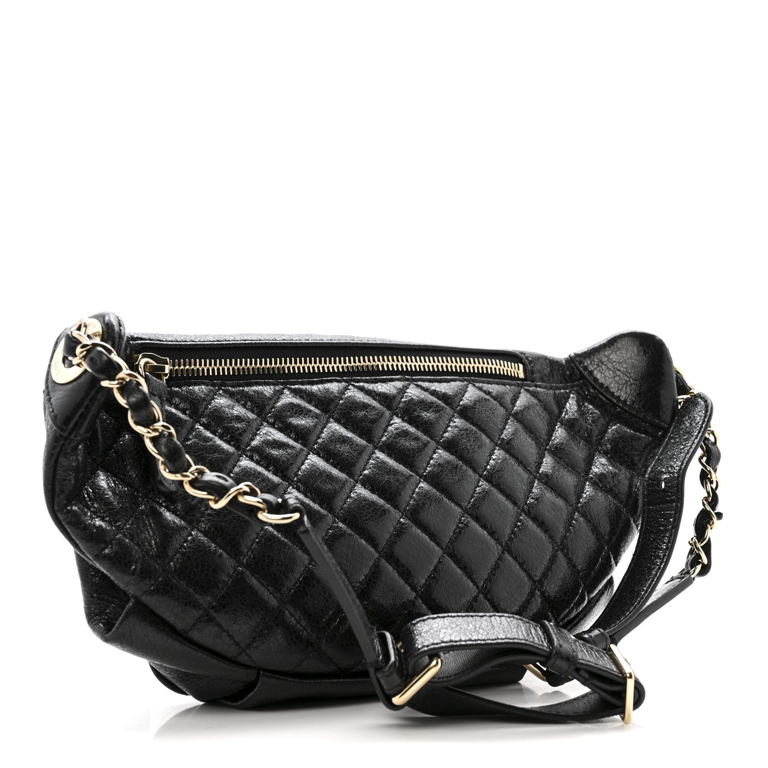 Crumpled Glazed Lambskin Quilted Waist Bag Fanny Pack Black