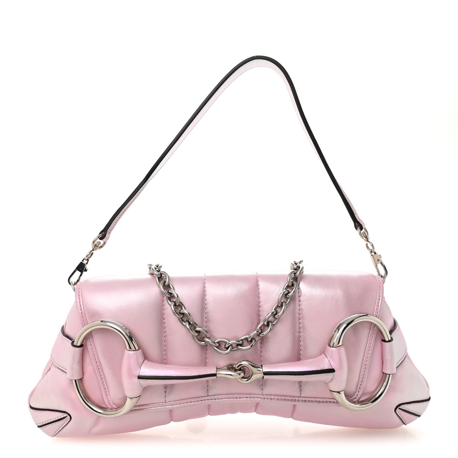 Iridescent Nappa Vertical Matelasse Medium Maxi Horsebit Chain Shoulder Bag Escape Pink