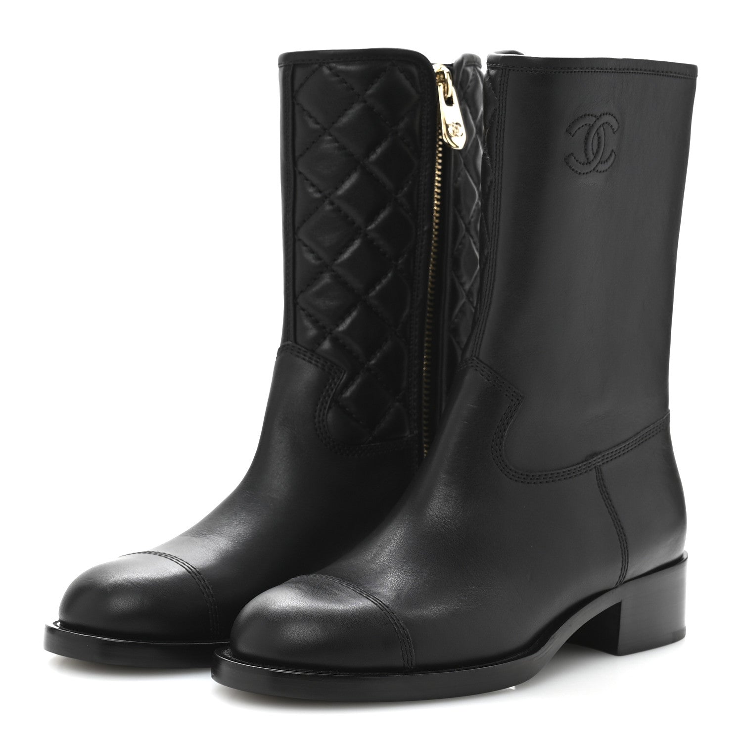 Calfskin Quilted CC Boots 38.5 Black