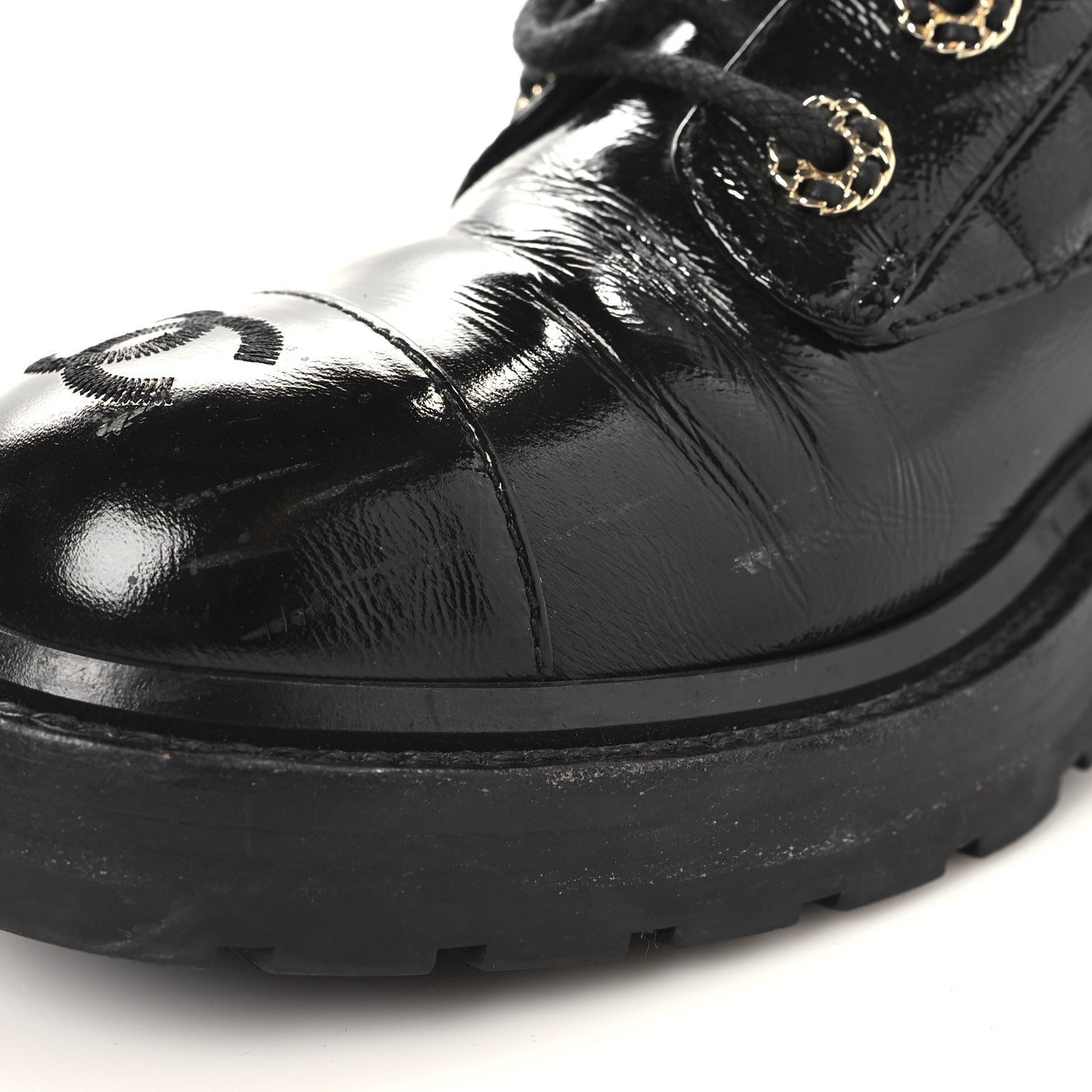 Shiny Calfskin Quilted Lace Up Combat Boots 39 Black