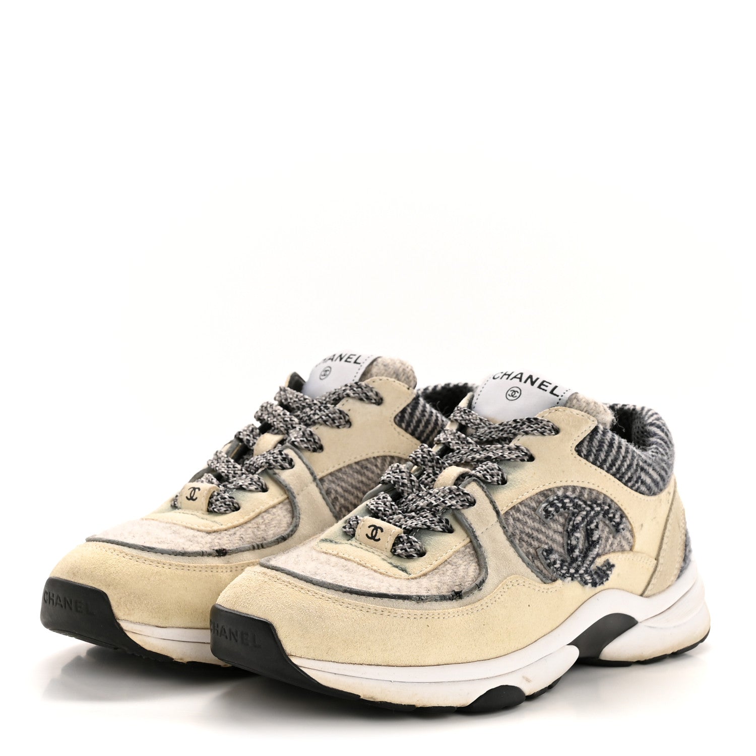 Fabric Suede Calfskin Womens CC Sneakers 37.5 Ivory Light Gray White