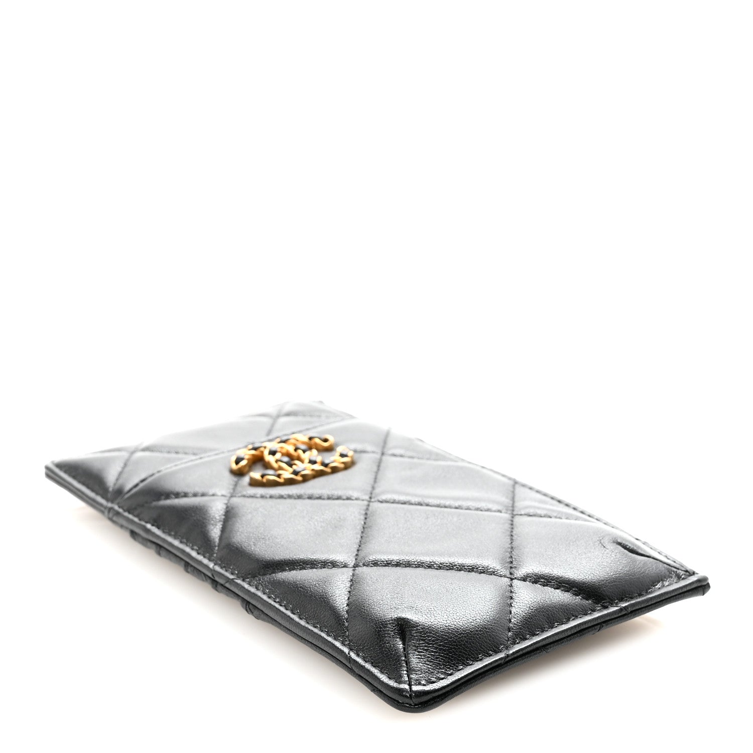 Goatskin Quilted Chanel 19 Flat Wallet Pouch Black