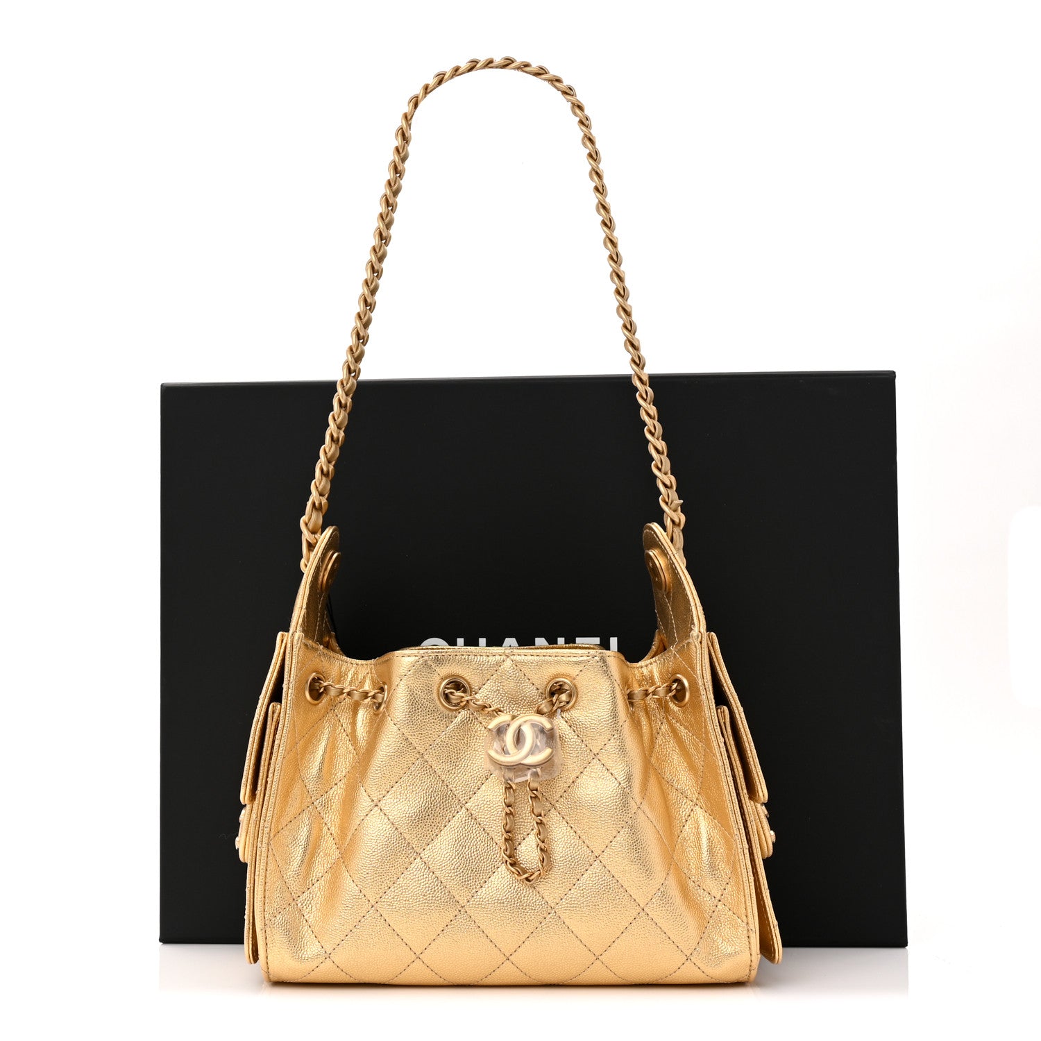 Metallic Caviar Quilted Mini Chanel 25 Handbag Gold