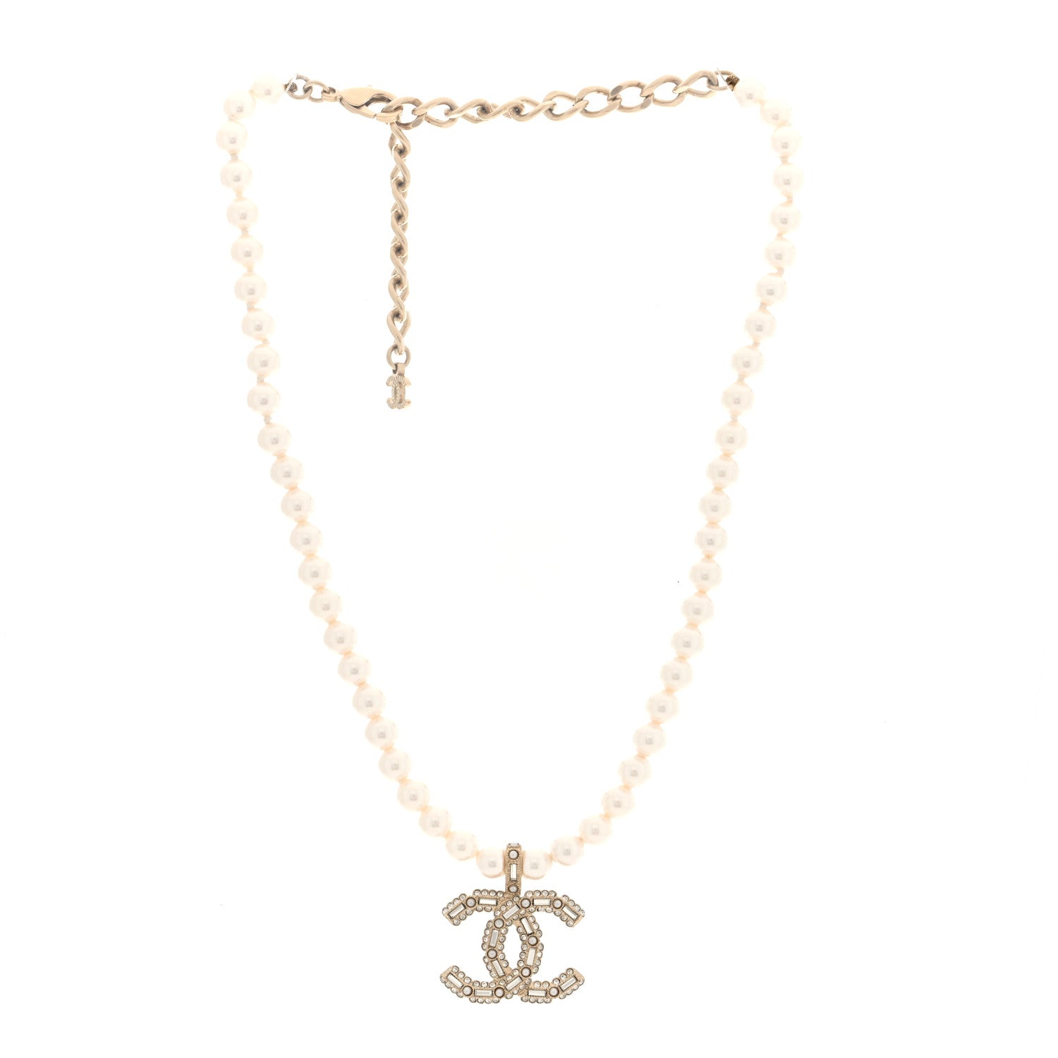 Pearl Crystal Baguette CC Short Necklace Gold