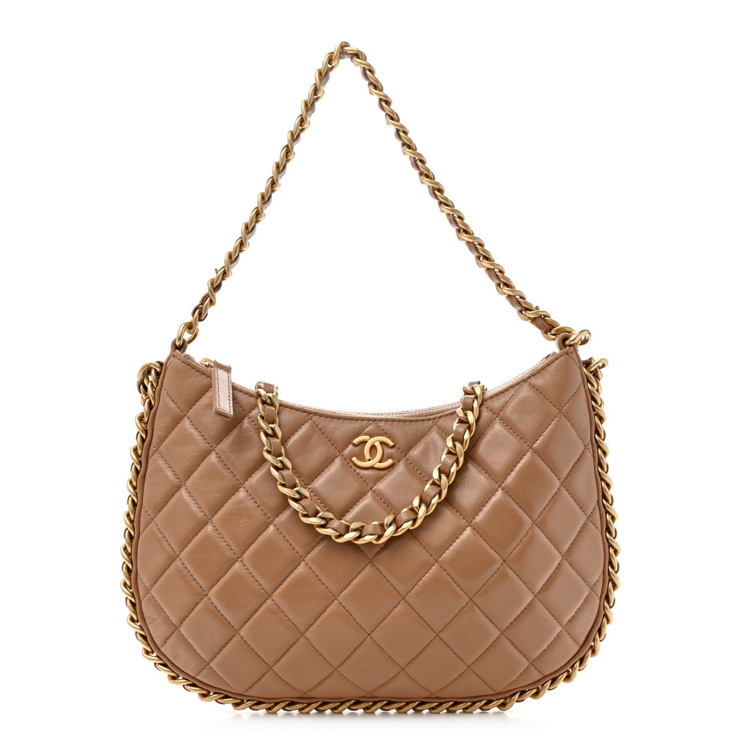 Shiny Crumpled Lambskin Quilted Large Trendy Chain Around Hobo Dark Beige