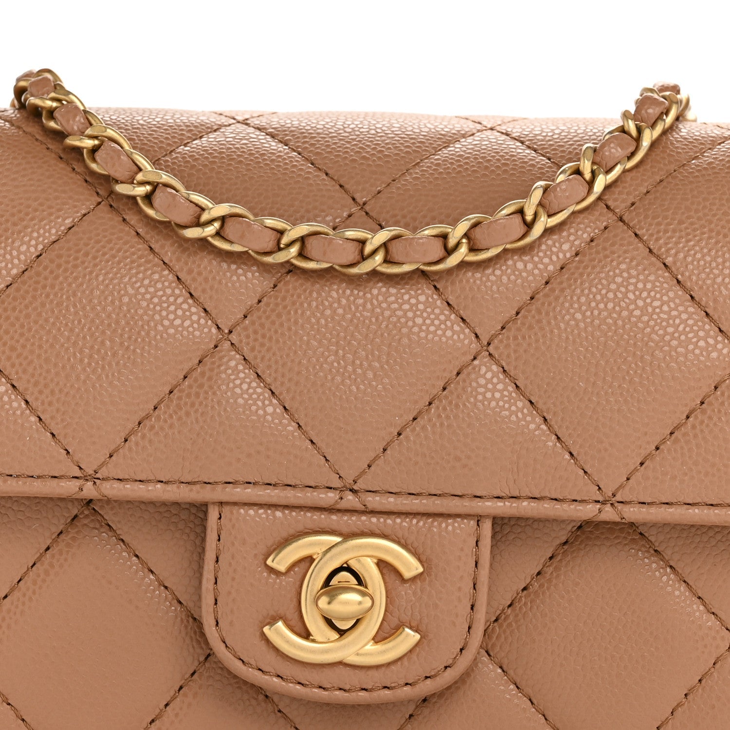 Shiny Caviar Quilted Mini Top Handle Flap Bag Camel