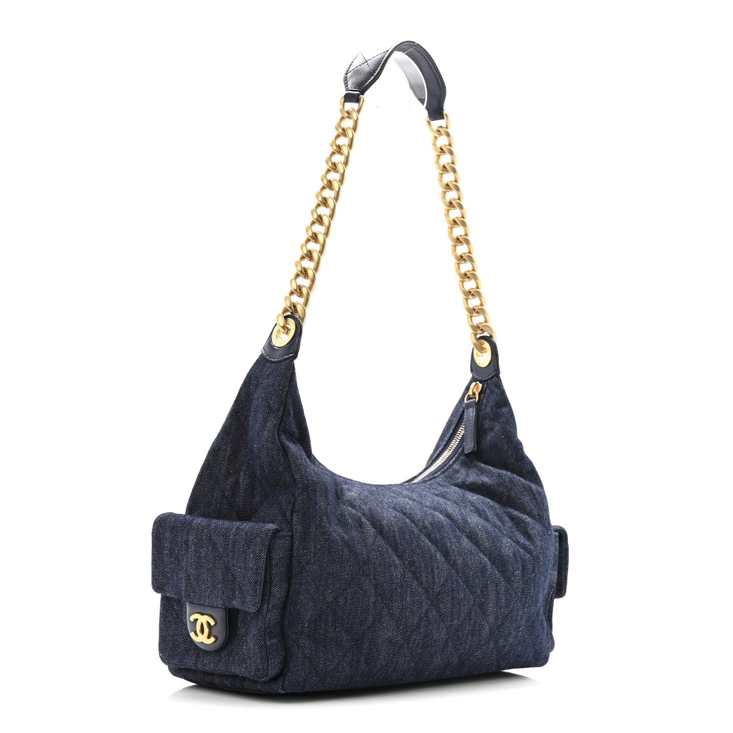 Washed Denim Quilted Maxi Trendy Pockets Hobo Dark Blue