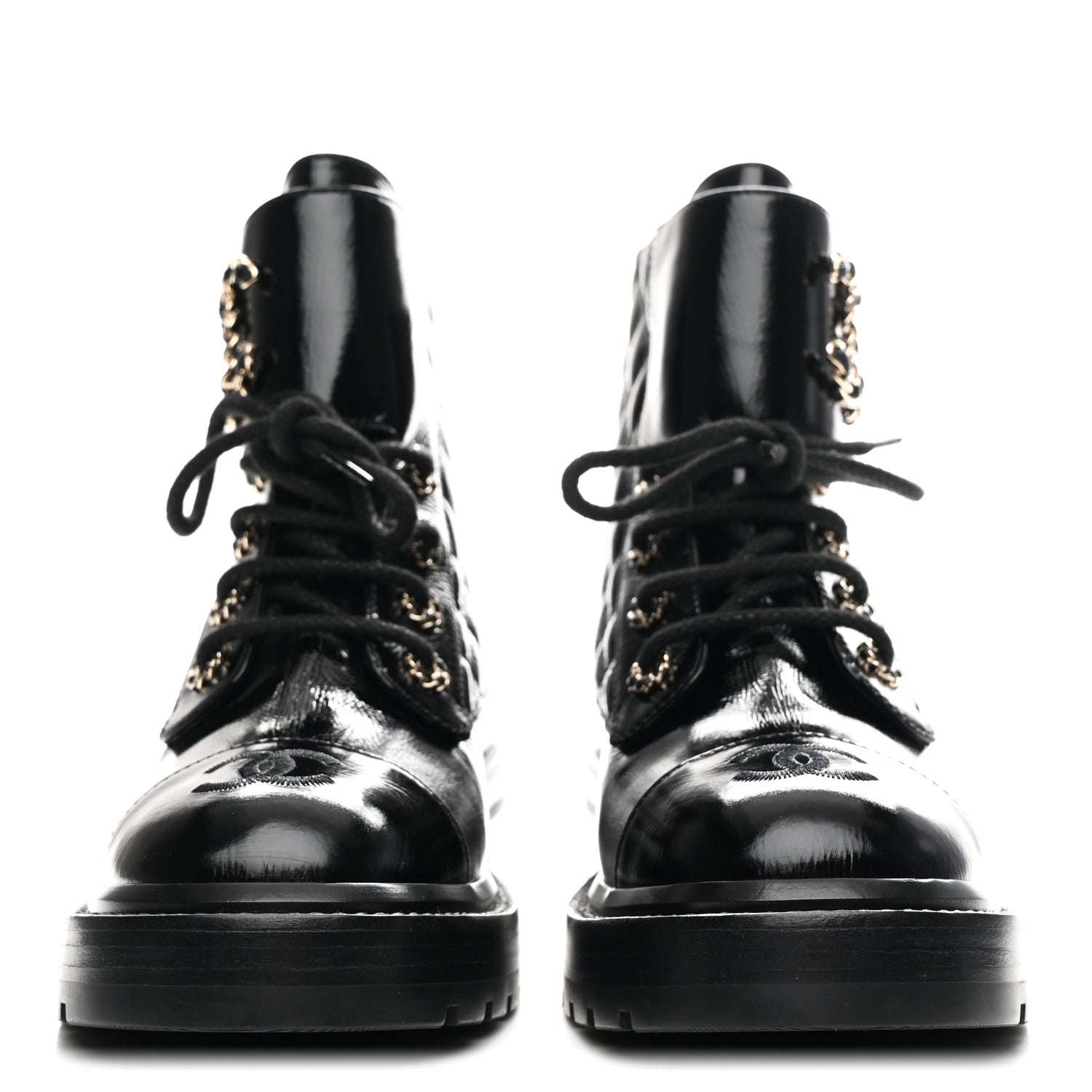 Shiny Calfskin Quilted Lace Up Combat Boots 36.5 Black