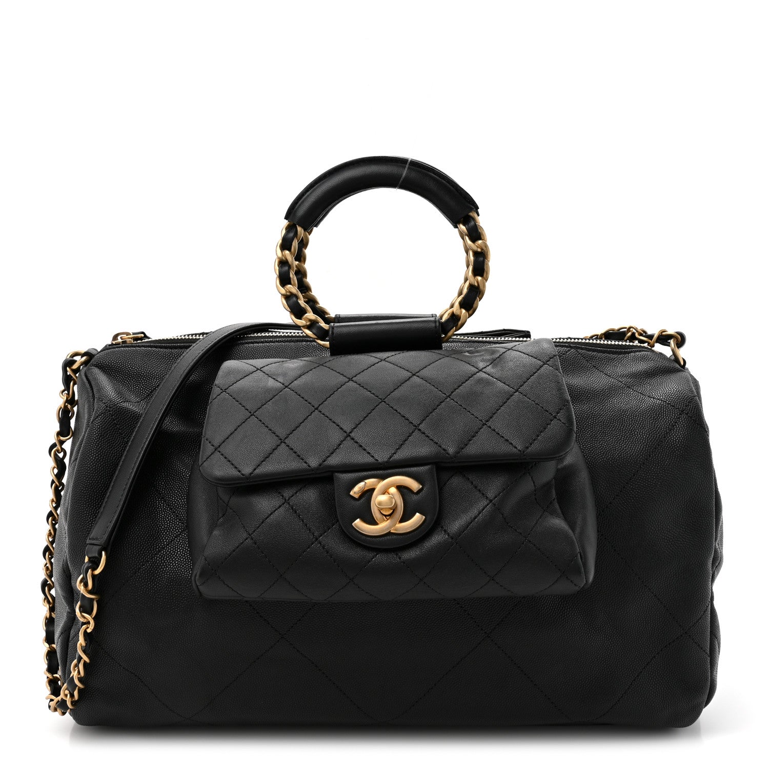 Grained Calfskin Lambskin Quilted Large Bowling Bag Black