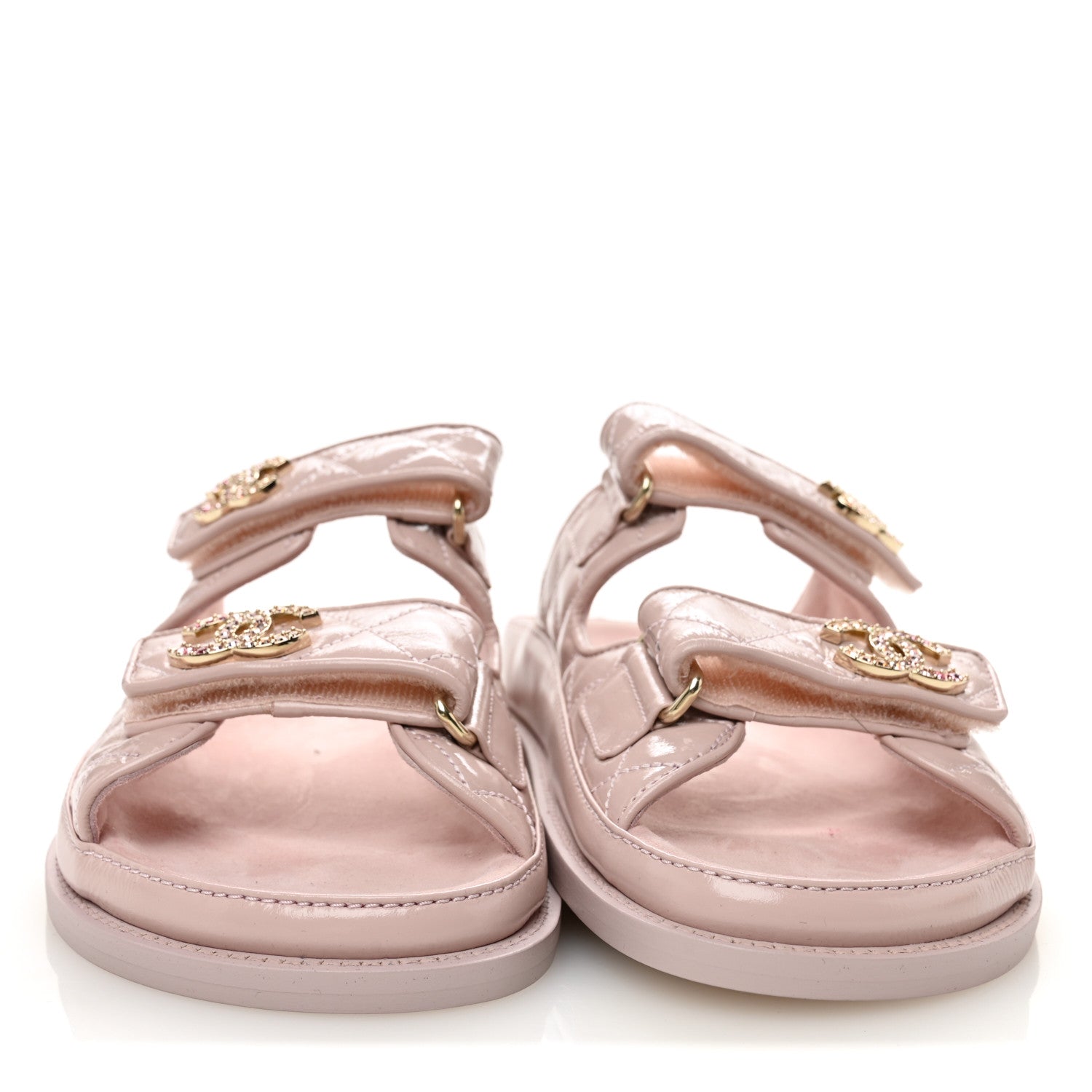 Shiny Calfskin Quilted Velcro Dad Crystal CC Slide Sandals 37 Light Pink