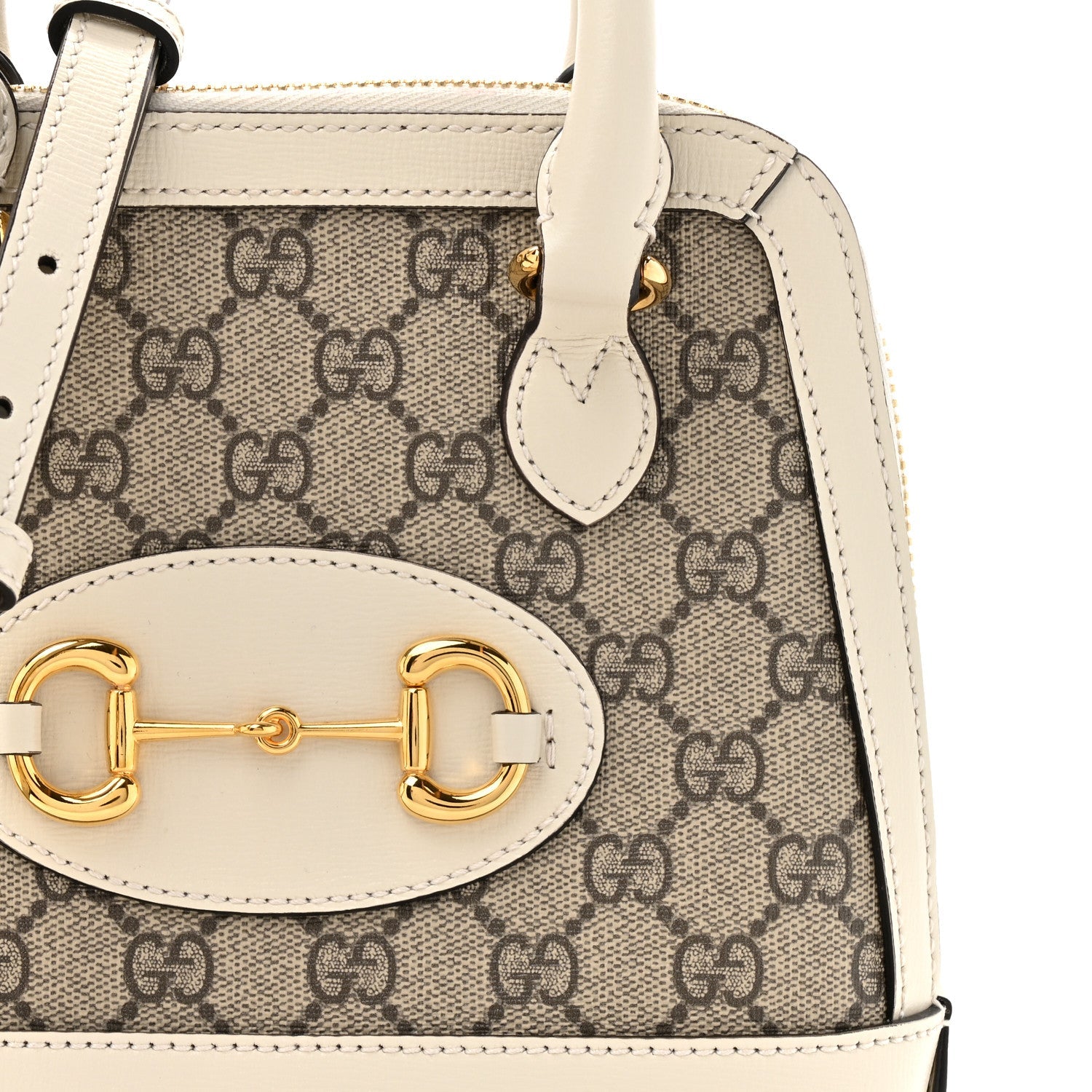 GG Supreme Monogram Azalea Calfskin Mini Horsebit 1955 Top Handle Bag Beige Ebony Mystic White