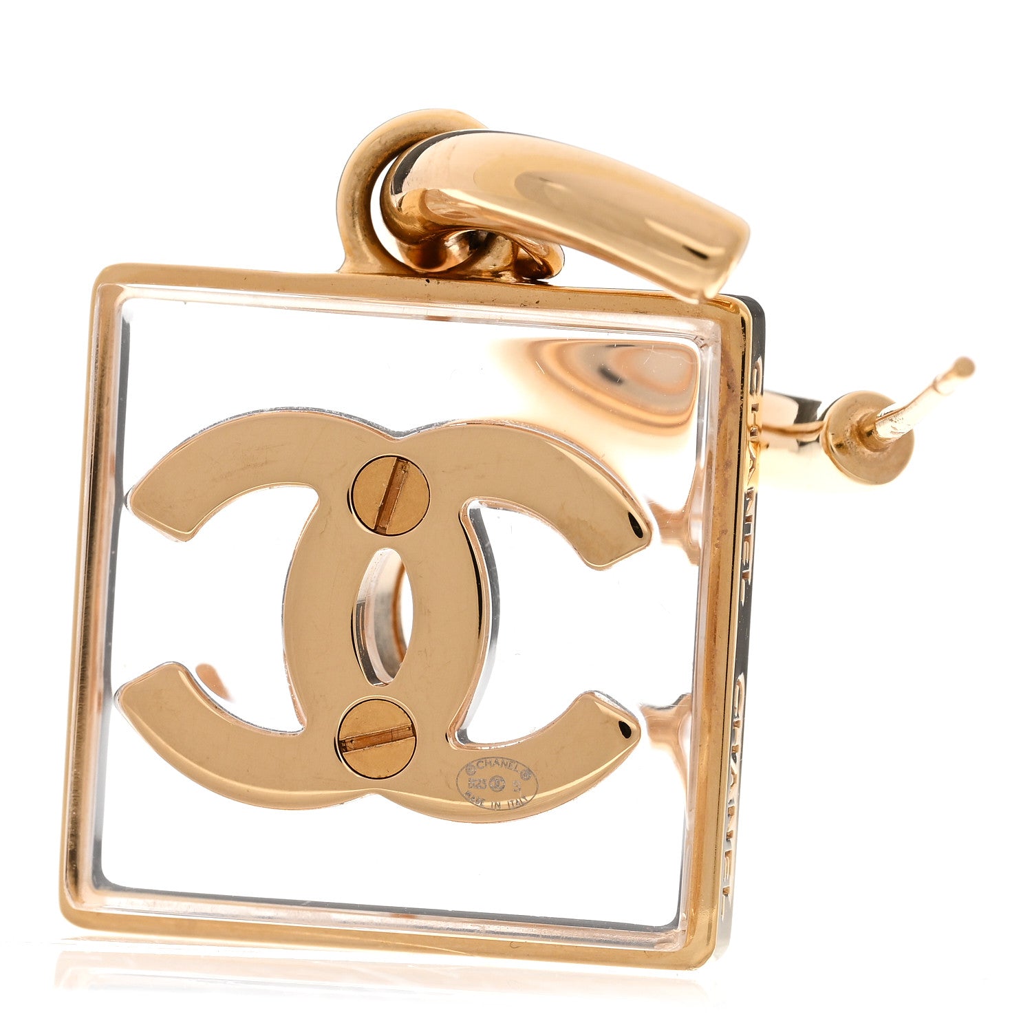Metal Resin CC Square Drop Earrings Gold Transparent