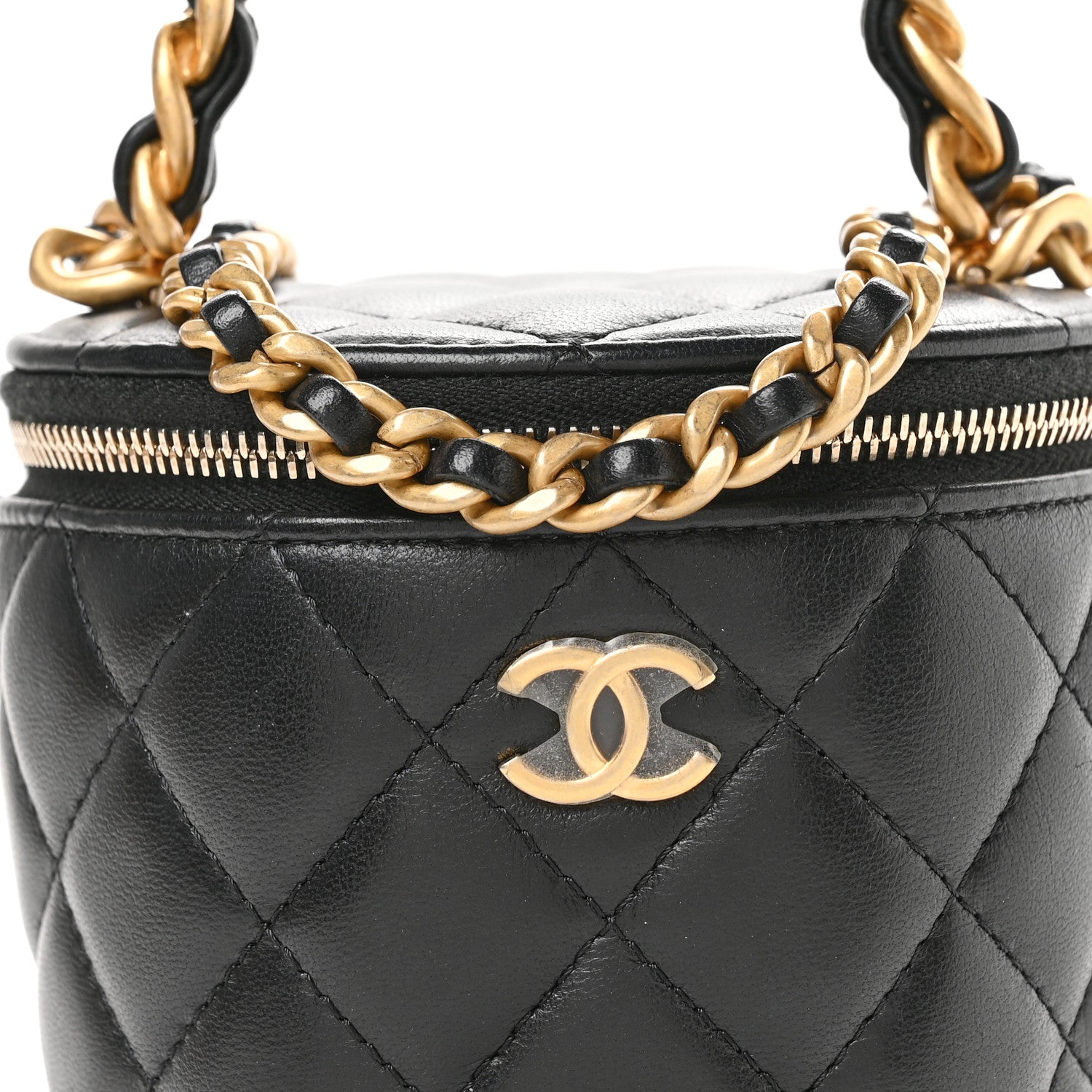 Lambskin Quilted Afternoon Tea Top Handle Vanity Case With Chain Black