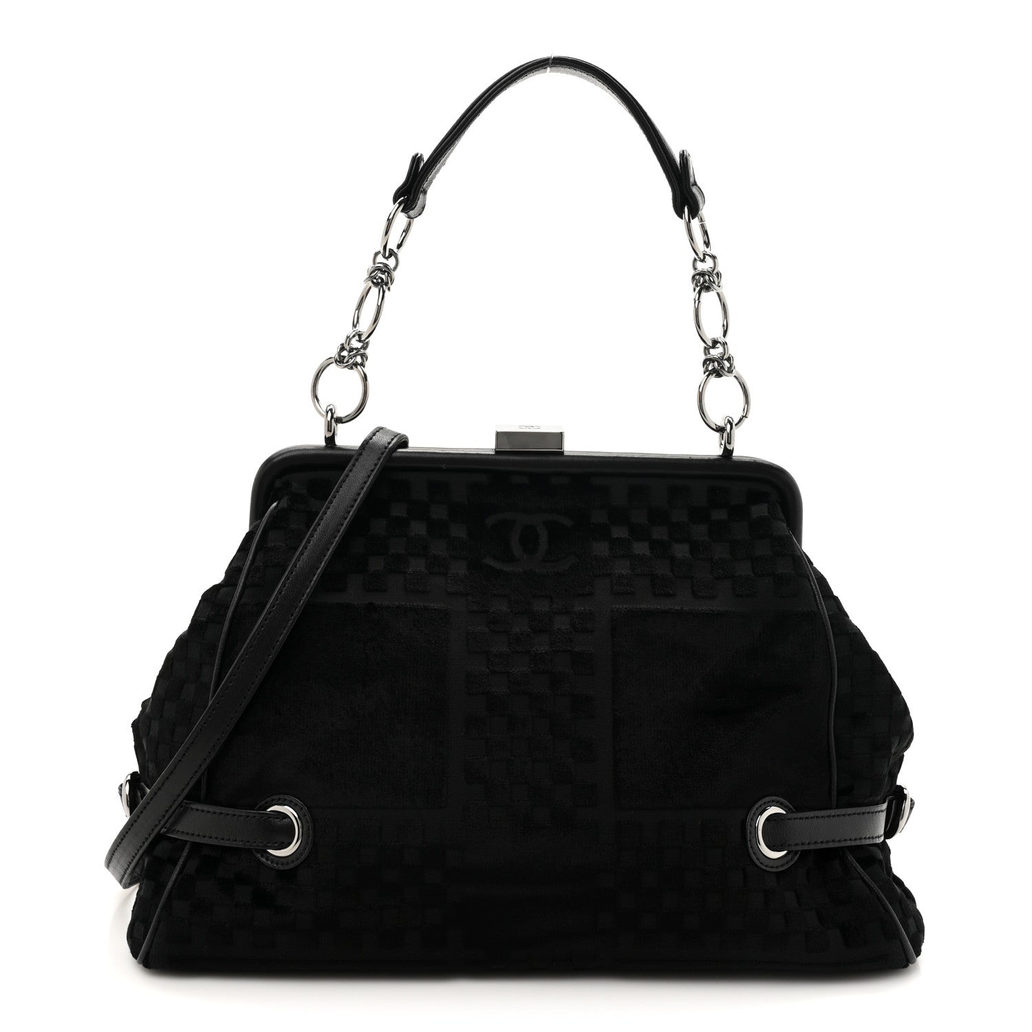 Velvet Checkered Kiss Lock Shoulder Bag Black