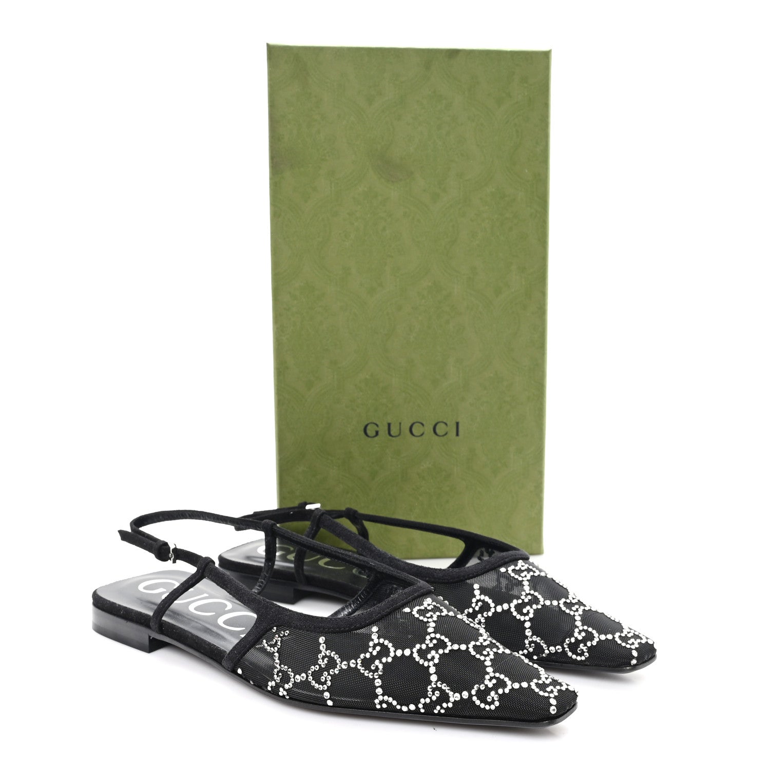 Suede Mesh Crystal GG Monogram Slingback Ballet Flats 39 Black
