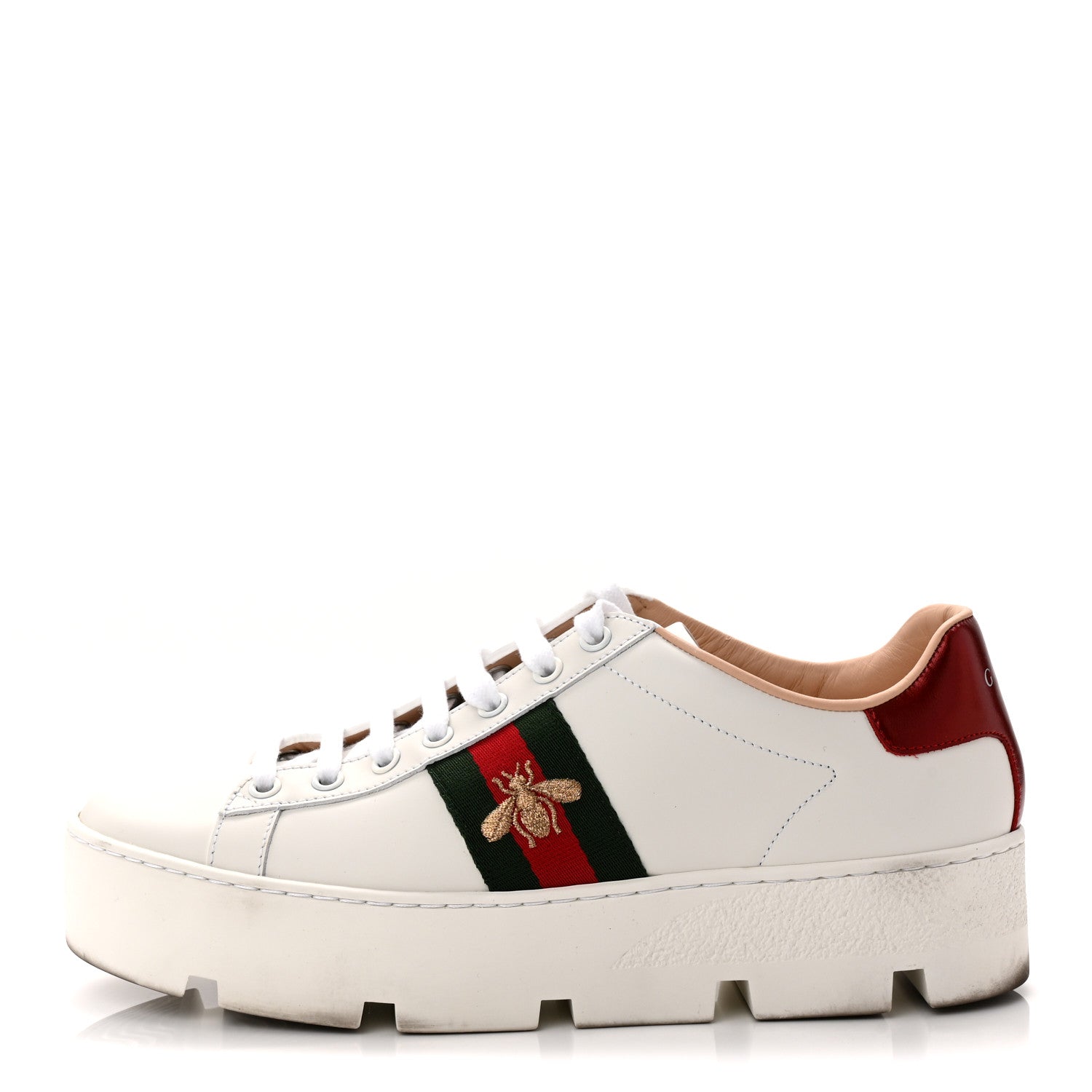 Calfskin Web Bee Embroidered Womens Ace Platform Sneakers 39 White