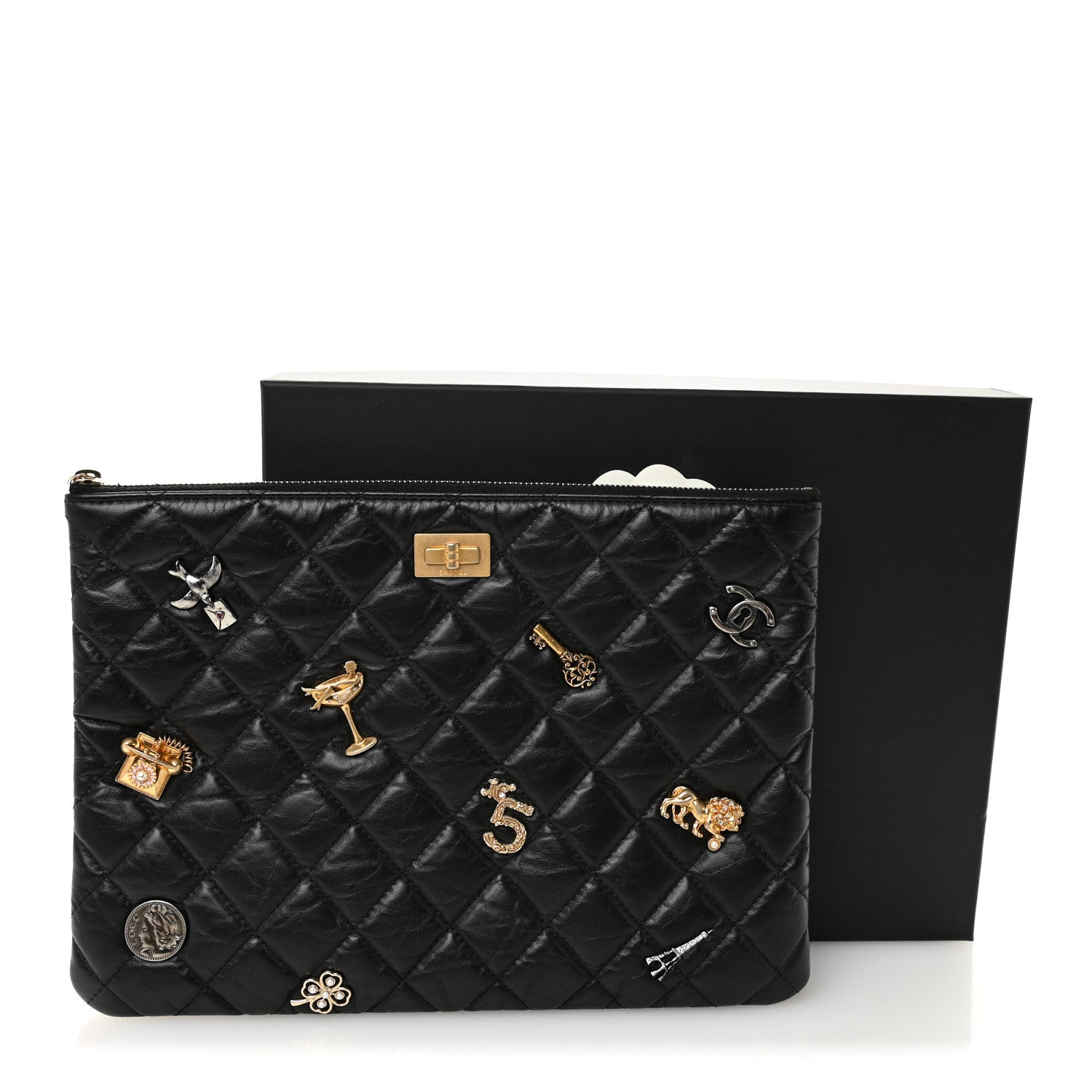 Aged Calfskin Quilted Medium Lucky Charms Cosmetic Case Black
