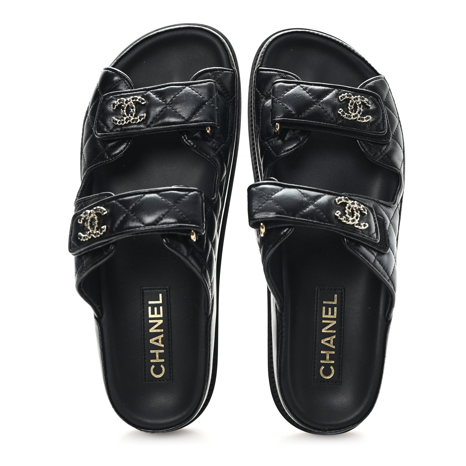 Lambskin Quilted Velcro Dad Chain CC Slide Sandals 40 Black