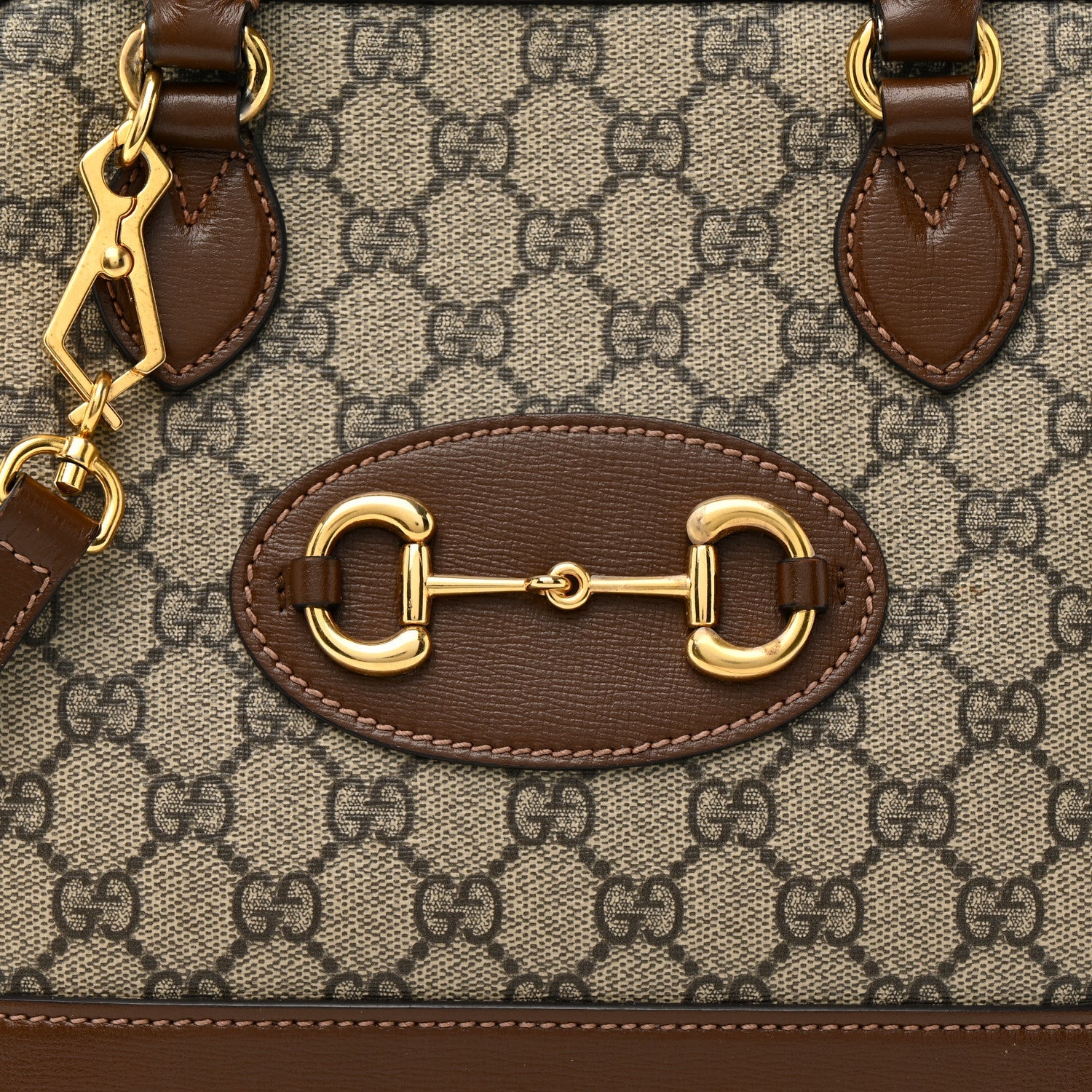 GG Supreme Monogram Azalea Calfskin Small Horsebit 1955 Top Handle Bag Beige Ebony Brown Sugar