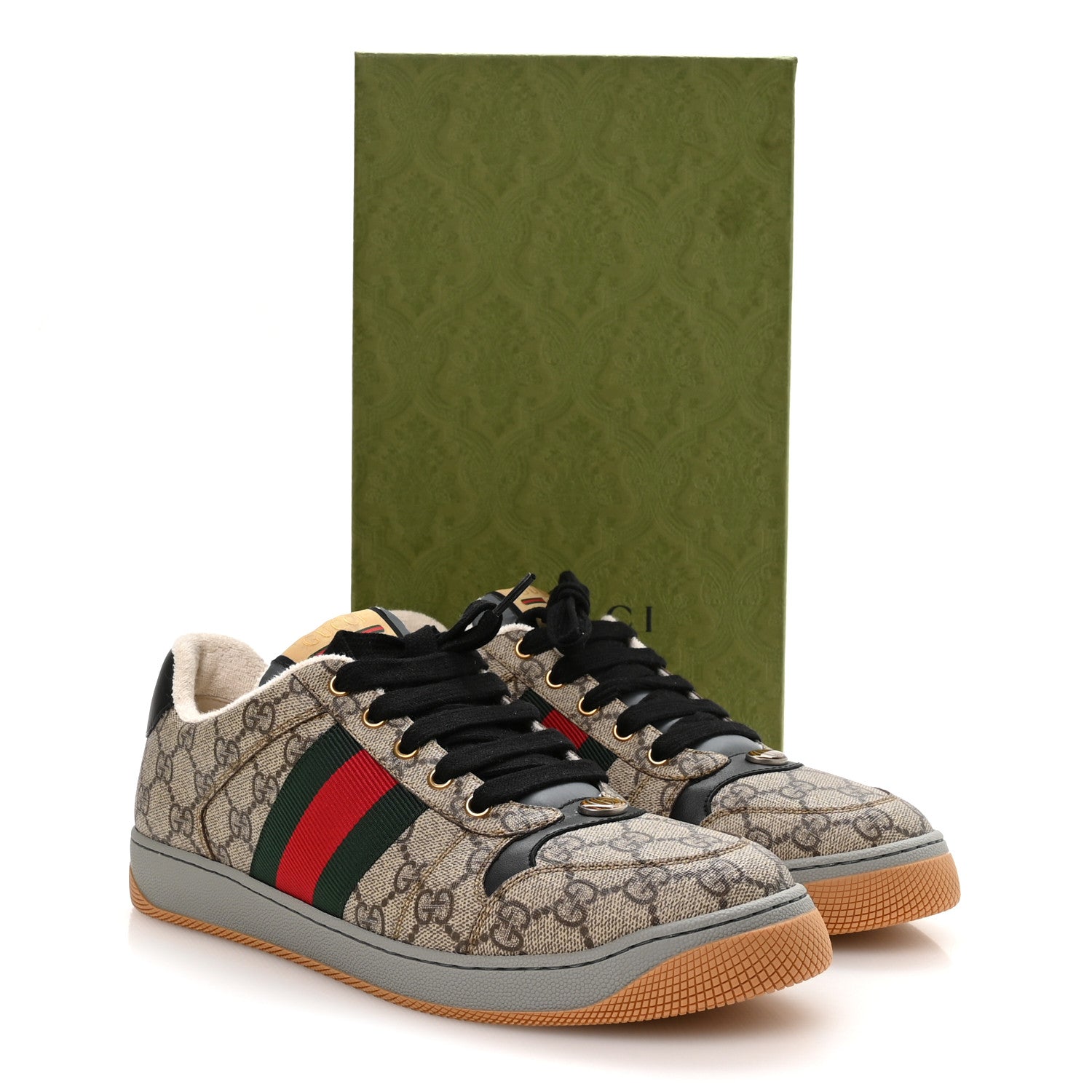 GG Supereme Monogram Miro Soft Calfskin Web Mens Screener Sneakers 9 Beige Ebony Black New Platinum