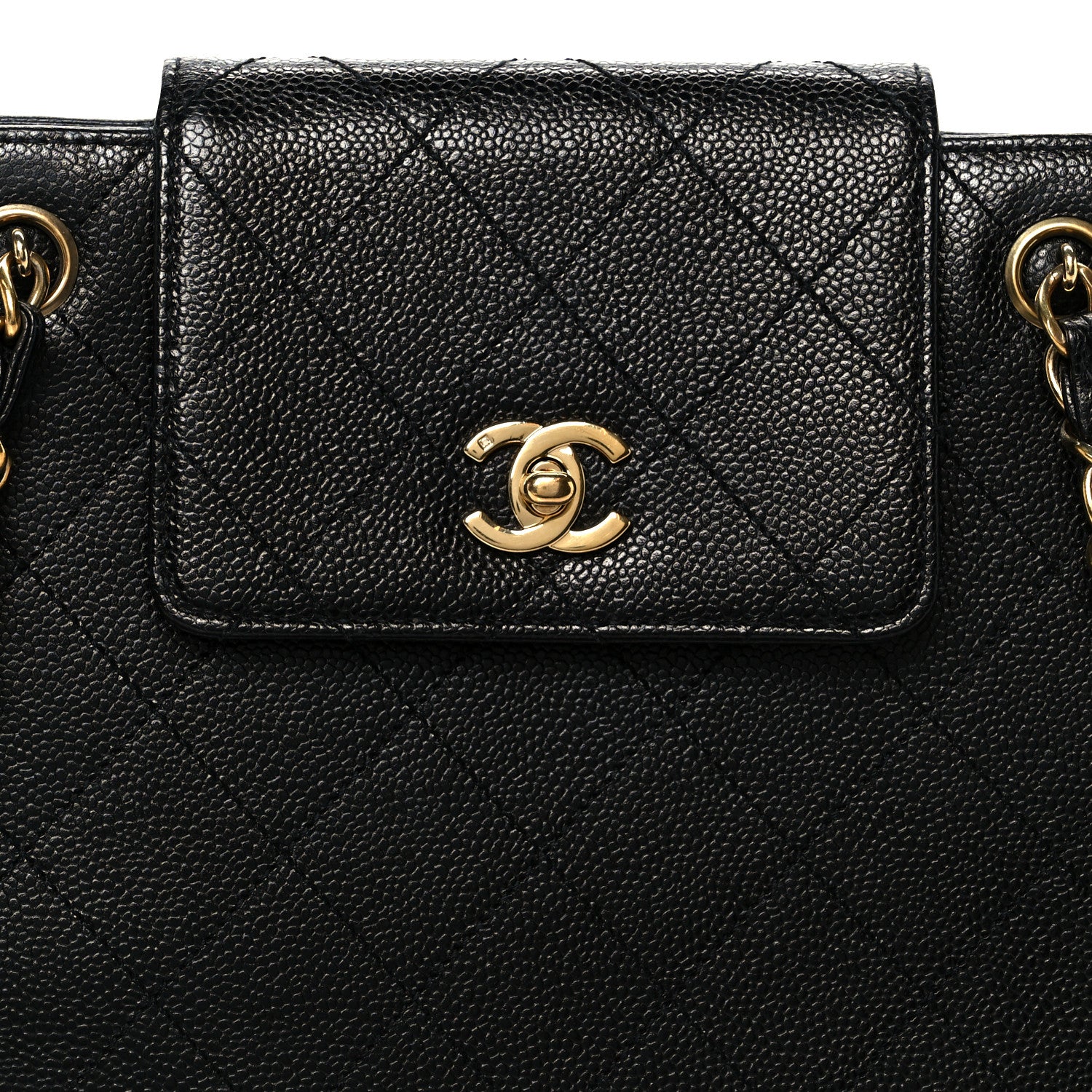 Caviar Quilted Flap Shopping Tote Black