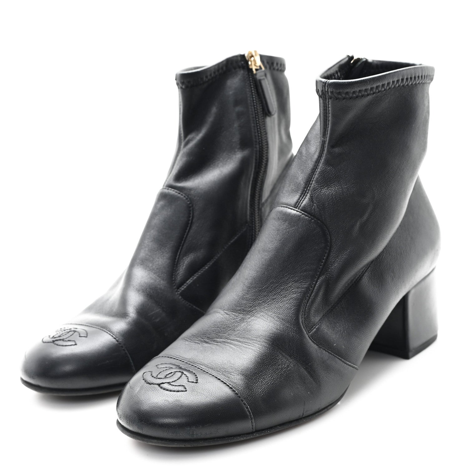 Stretch Lambskin Cap Toe CC Short Boots 39 Black