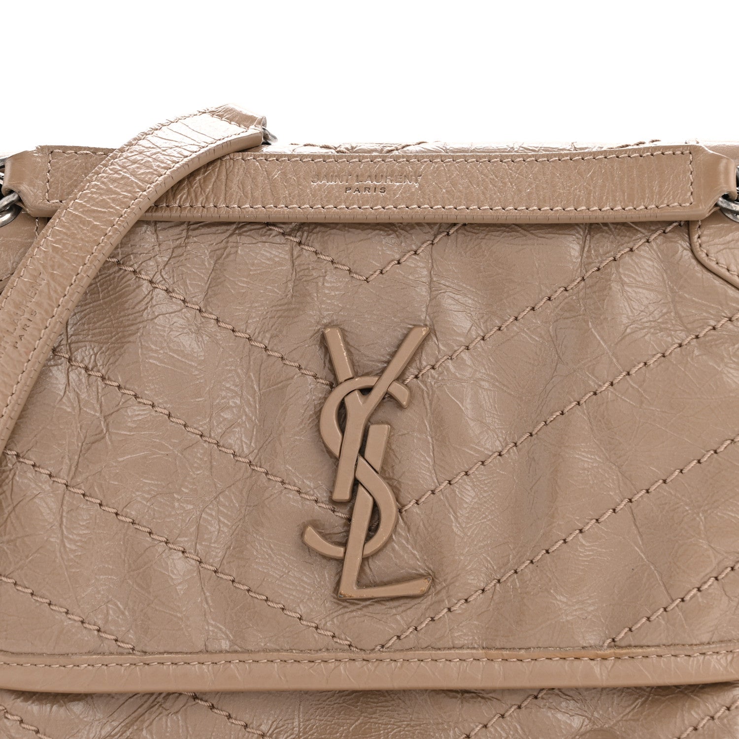 Crinkled Calfskin Matelasse Monogram Baby Niki Chain Satchel Light Taupe