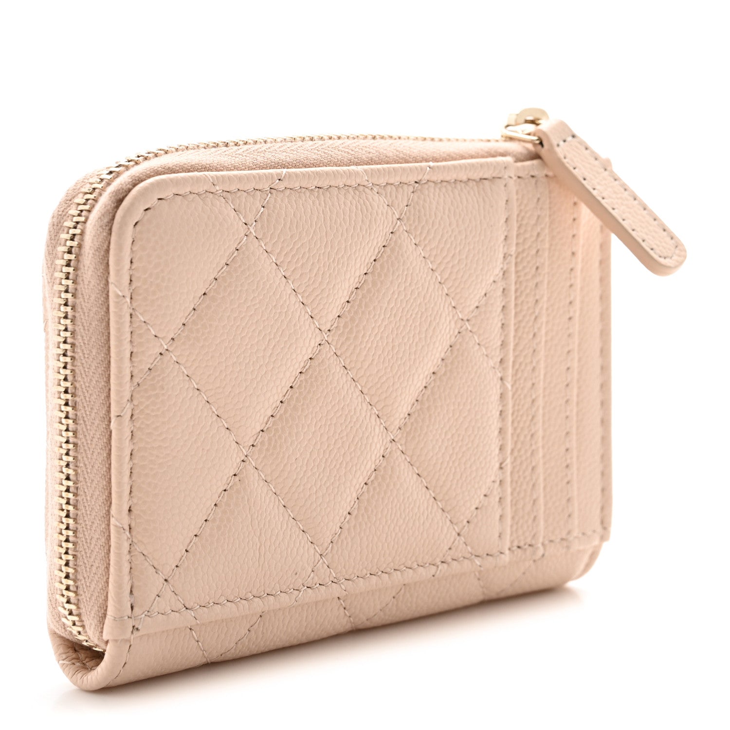 Caviar Quilted CC Zip Around Card Holder Beige
