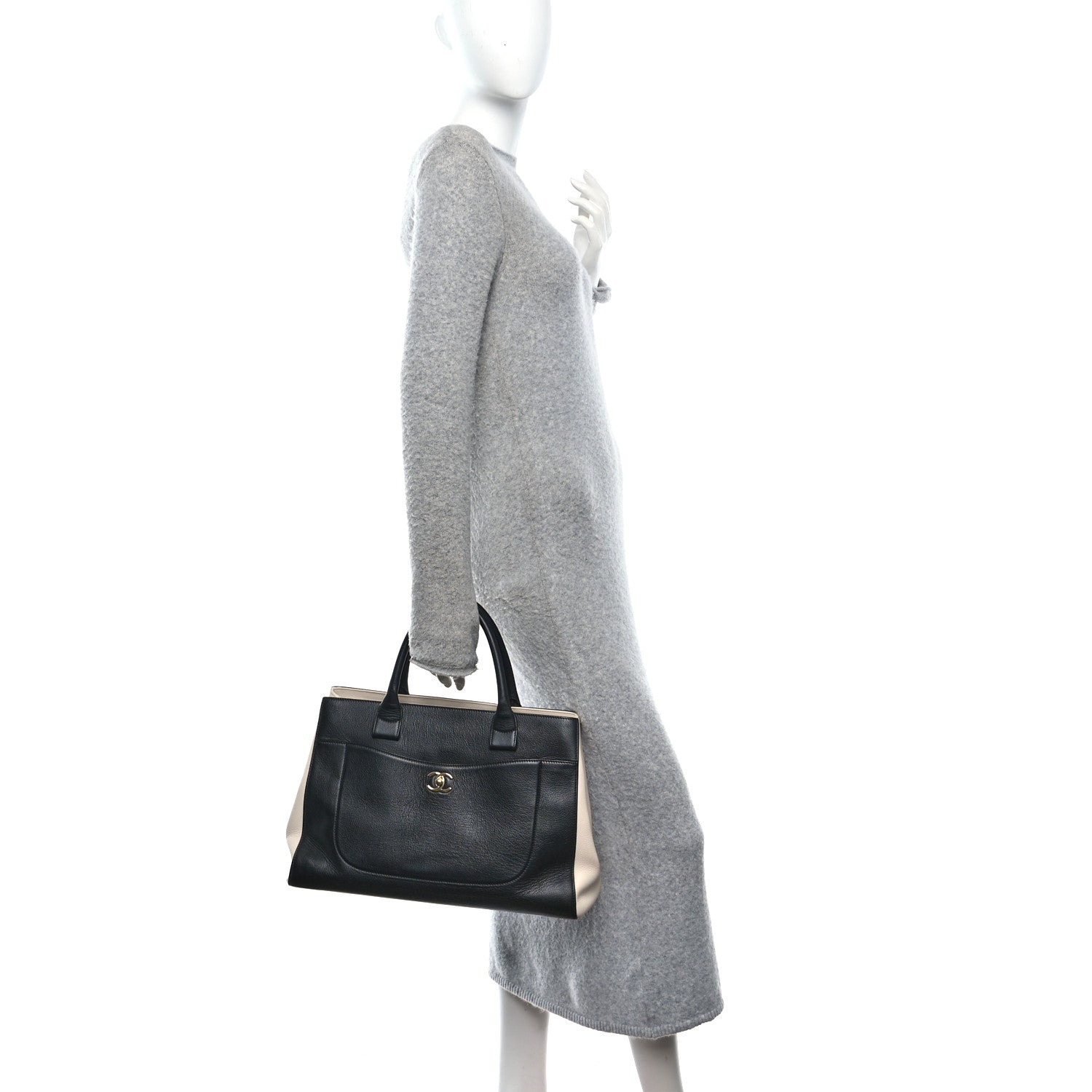 Grained Calfskin Medium Bi-Color Neo Executive Shopper Tote Black Beige