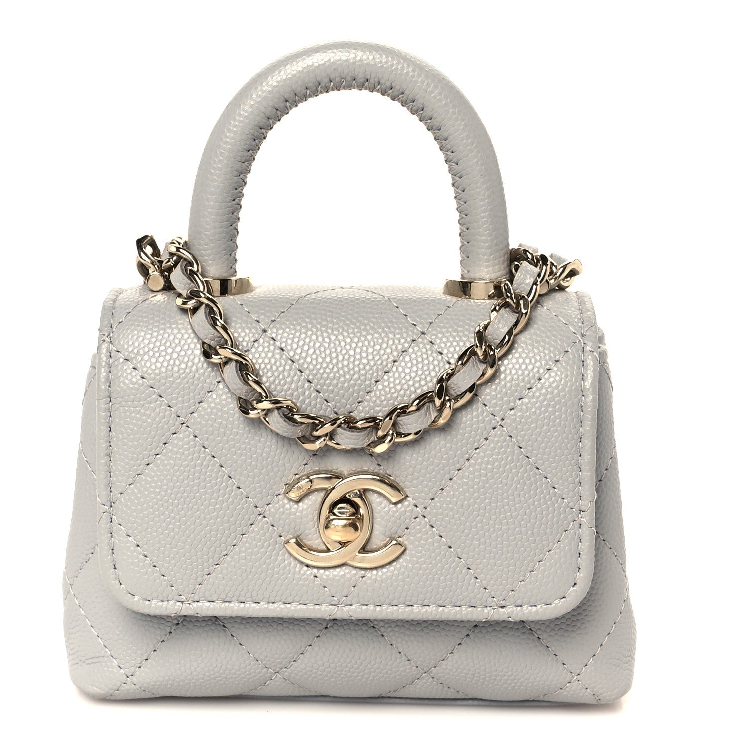 Caviar Quilted Nano Coco Handle Clutch With Chain Grey