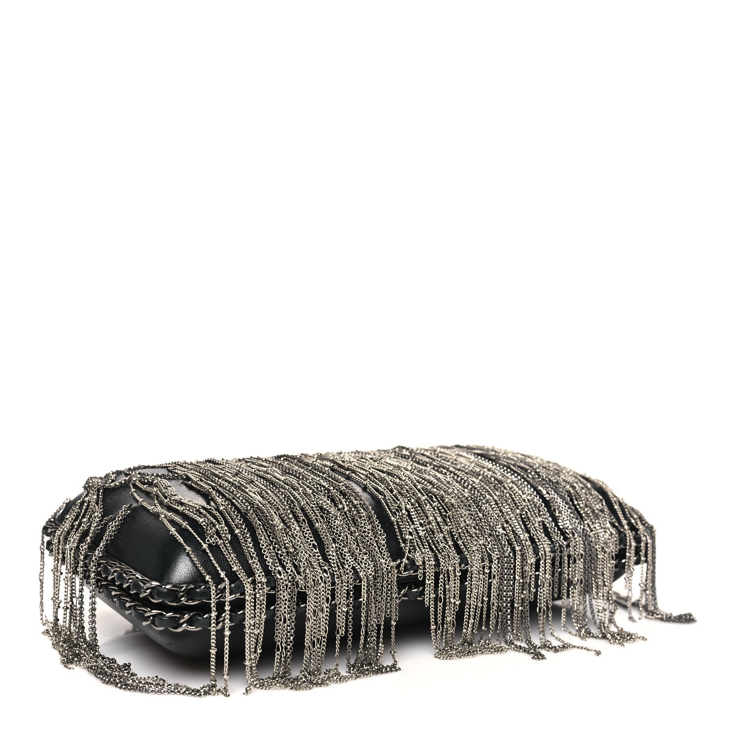 Lambskin Chain Fringe Clutch With Chain  Black