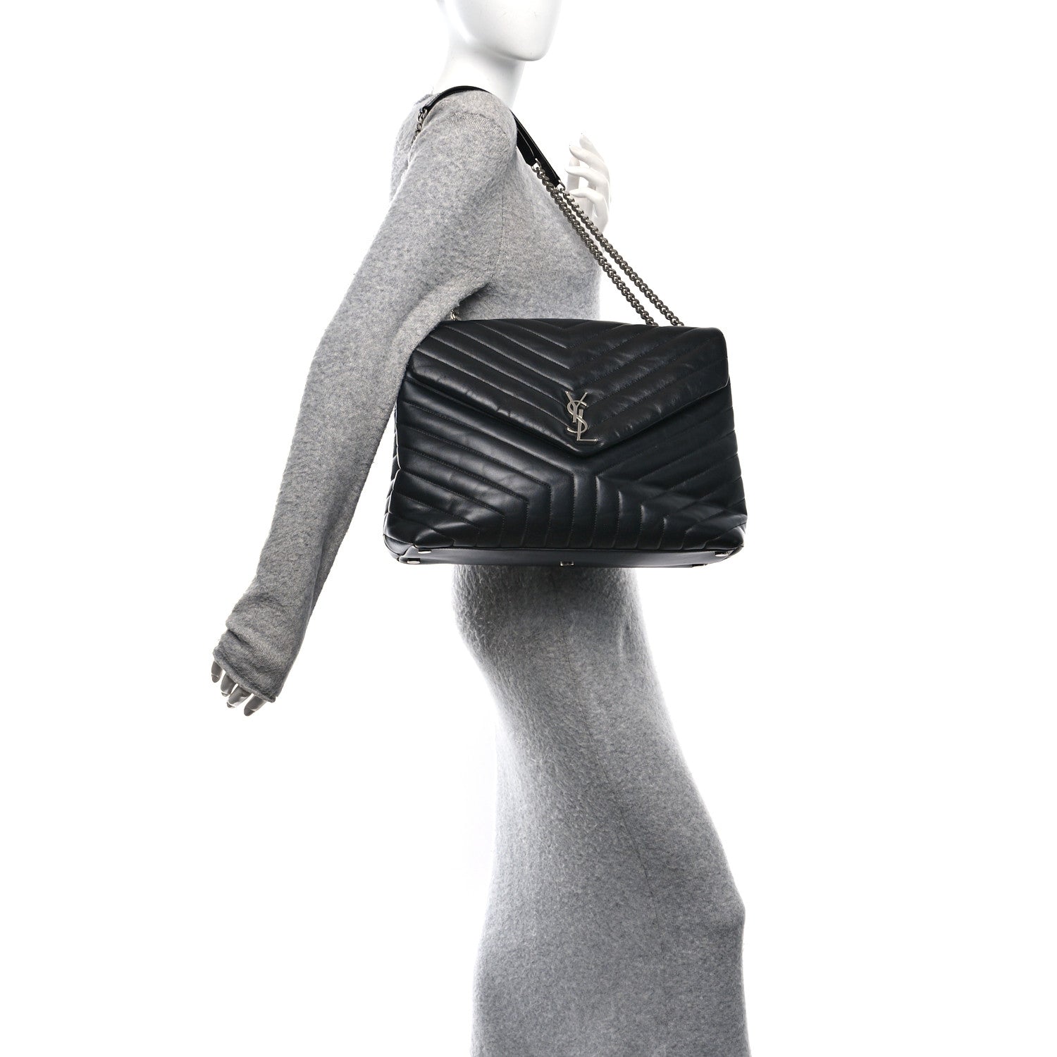 Calfskin Y Quilted Monogram Large Loulou Chain Satchel Black