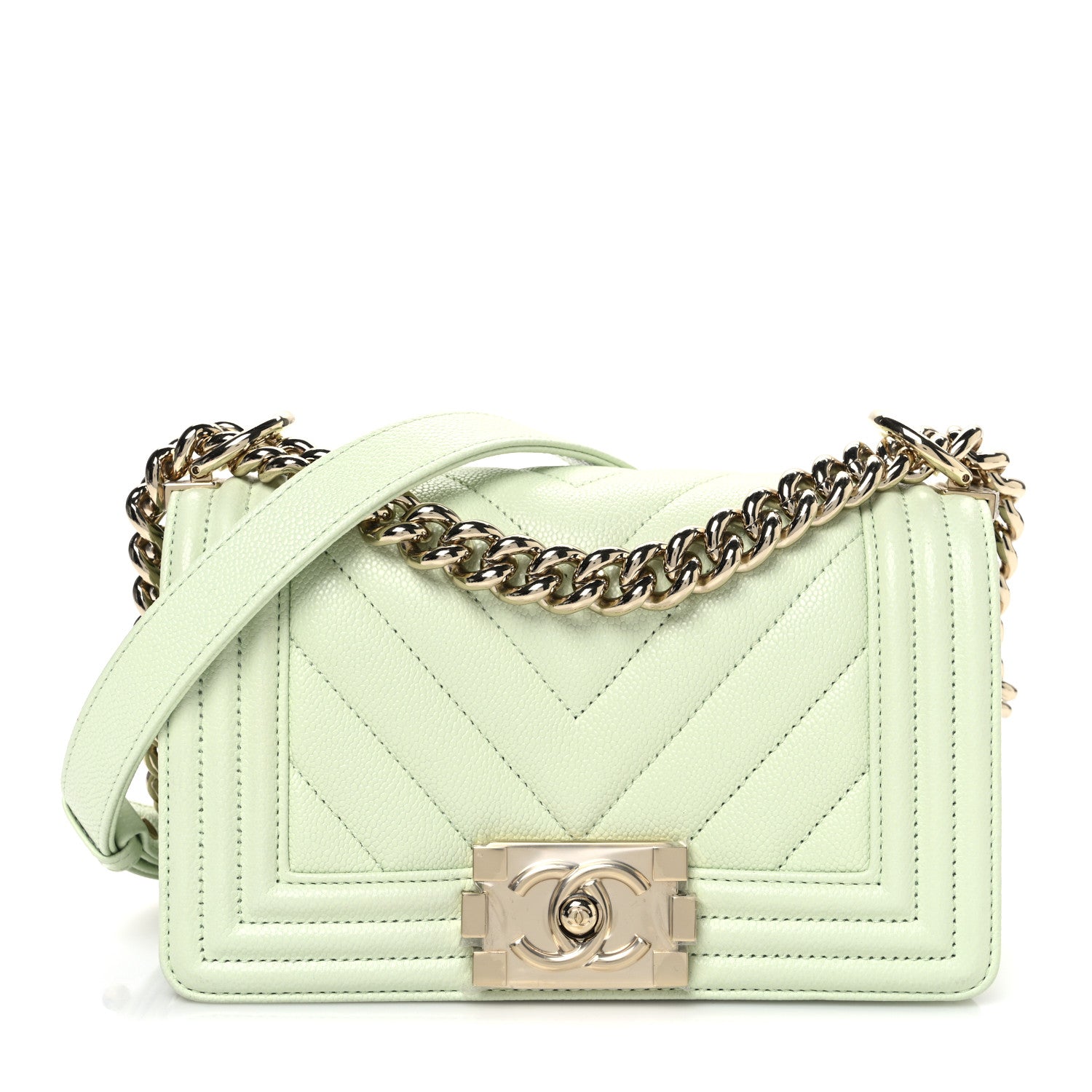Caviar Chevron Quilted Small Boy Flap Light Green