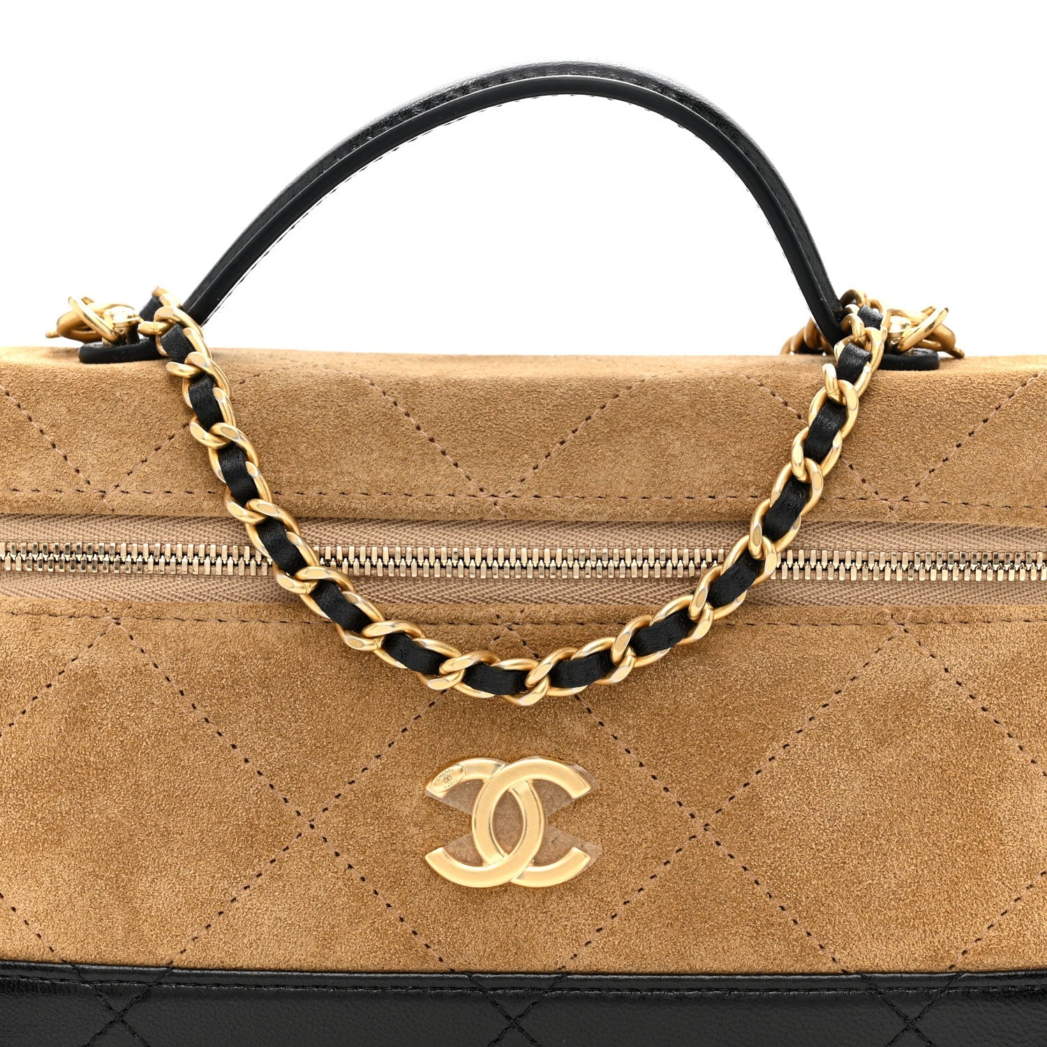 Suede Calfskin Shiny Lambskin Quilted Top Handle Slim Vanity Case With Chain Beige Black