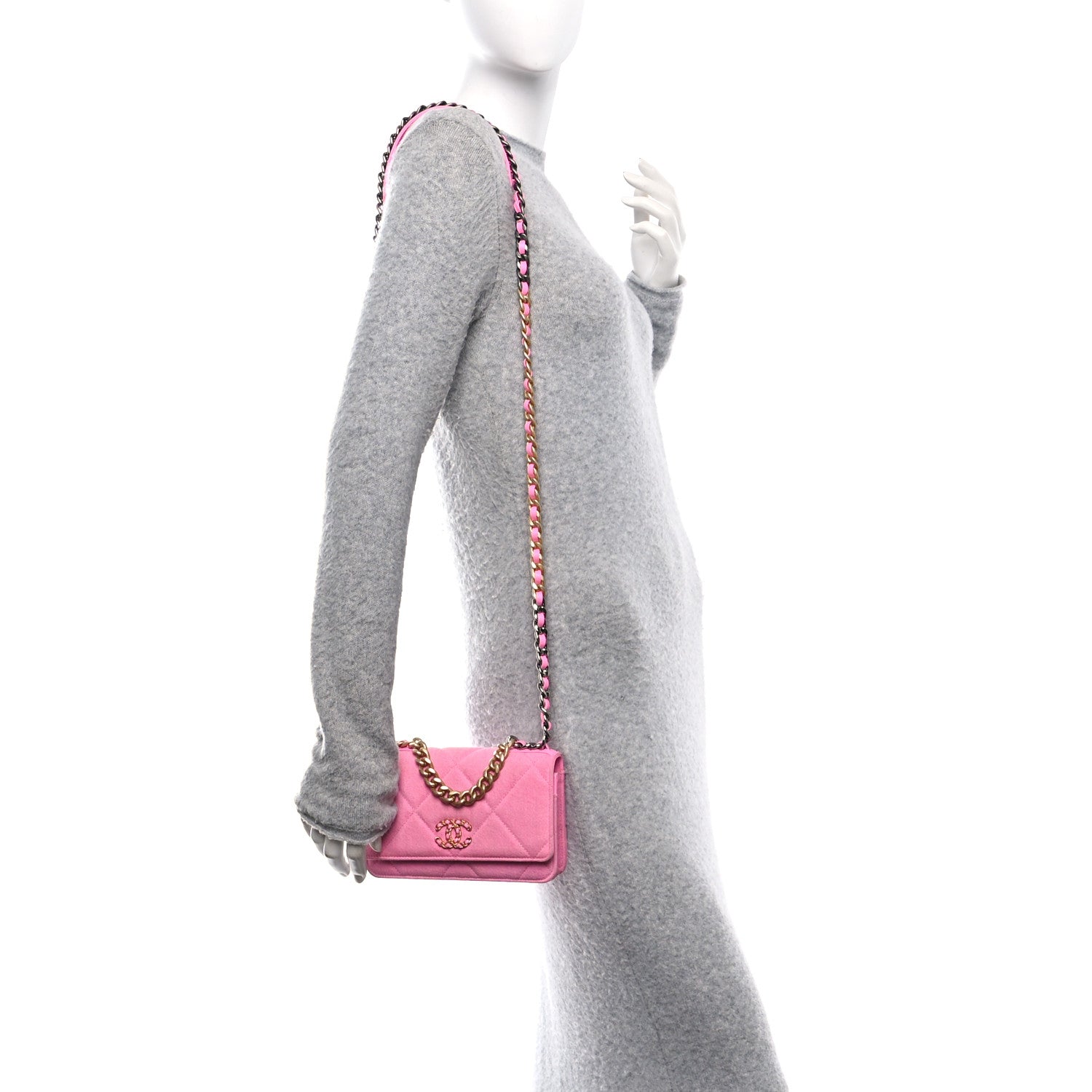 Denim Quilted Chanel 19 Wallet On Chain WOC Neon Pink