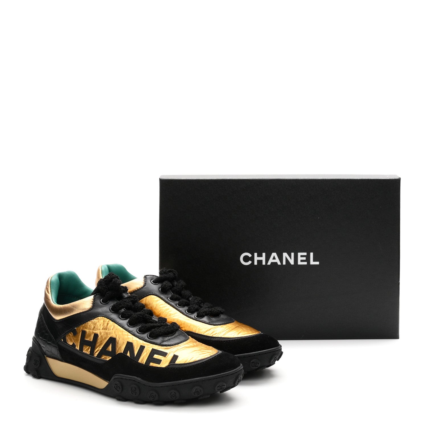 Metallic Fabric Calfskin Suede Crocodile Embossed CC Sneakers 38.5 Black Gold