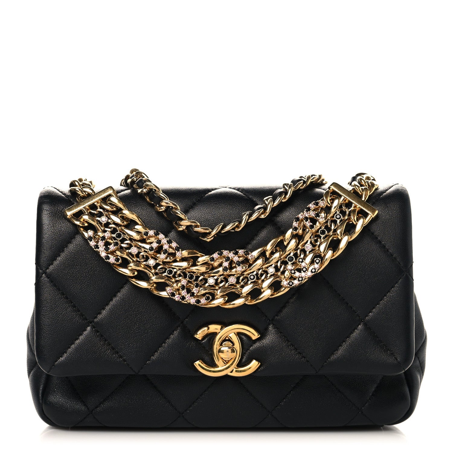 Lambskin Quilted Mini CC Crystal Logo Chain Flap Black