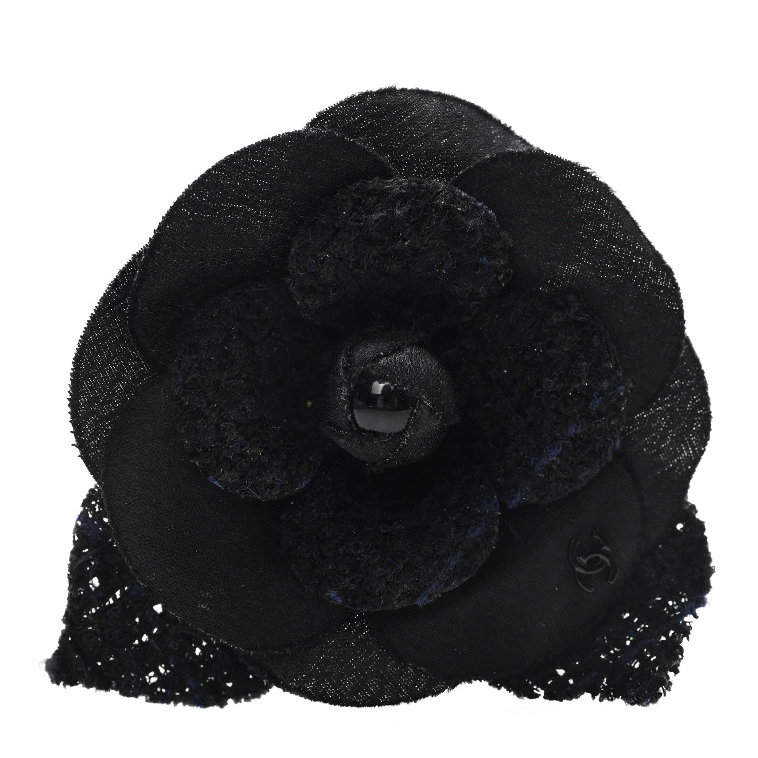 Tweed Fabric Camellia Pin Brooch Navy Blue Black