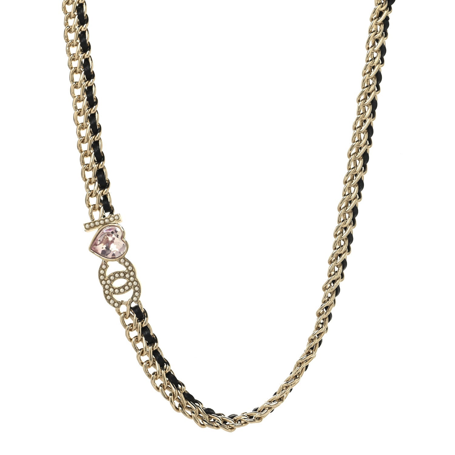 Metal Lambskin Crystal I Heart CC Choker Necklace Gold Black