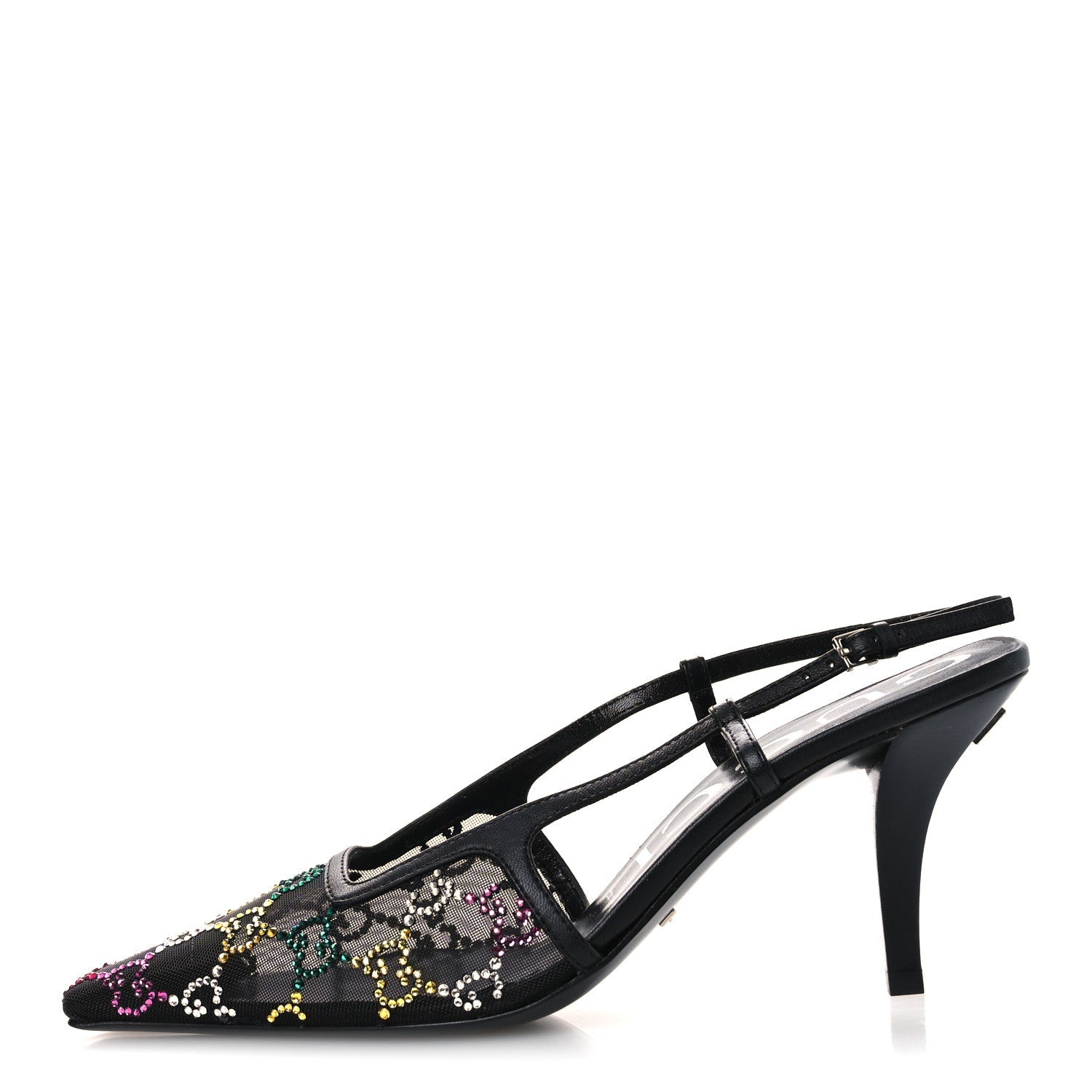 Tela Retino Nappa Charlotte Crystal GG Monogram Square G 75mm Slingback Pumps 37 Black