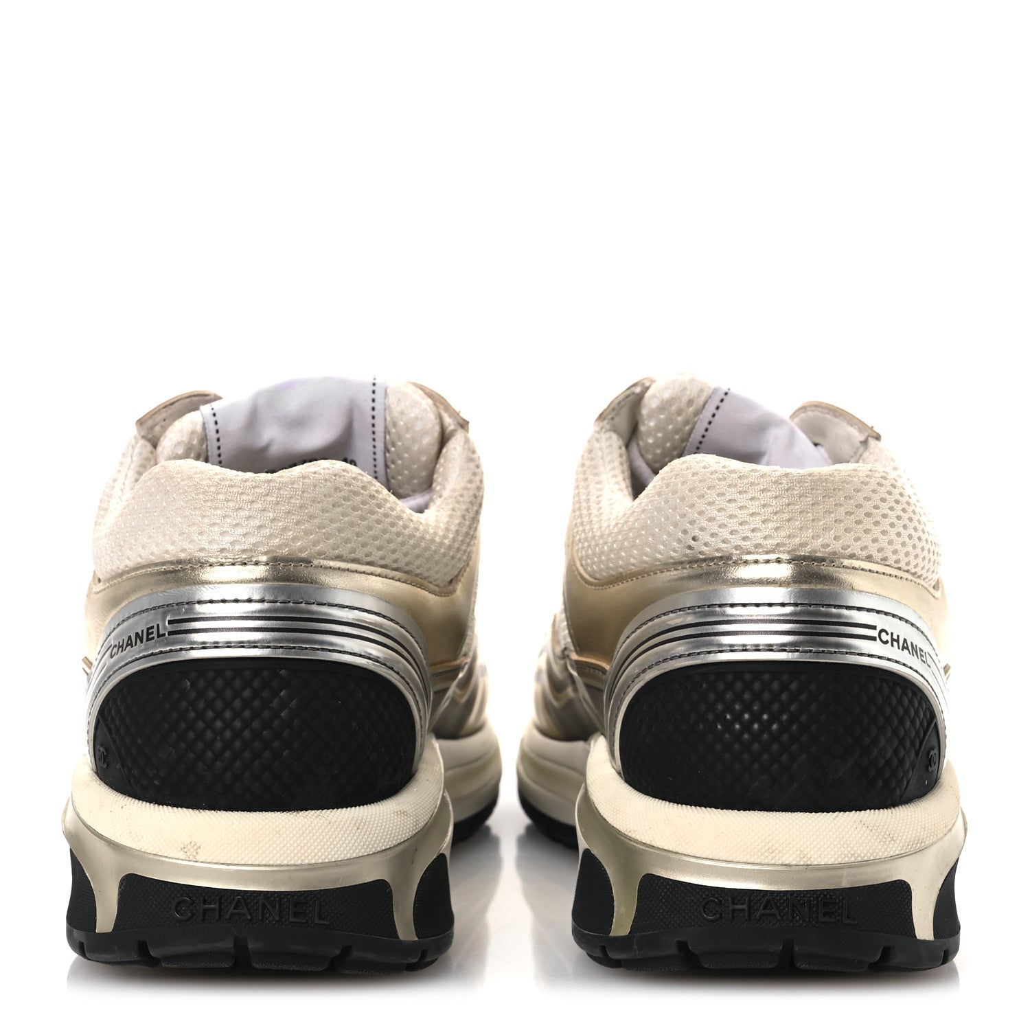 Fabric Laminated Calfskin Stretch CC Womens Sneakers 40 White Gold Silver