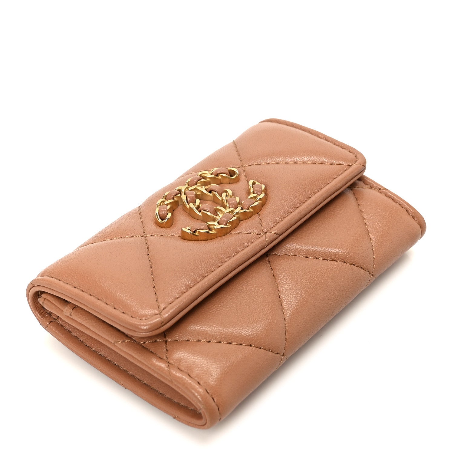 Lambskin Quilted Chanel 19 Flap Card Holder Brown