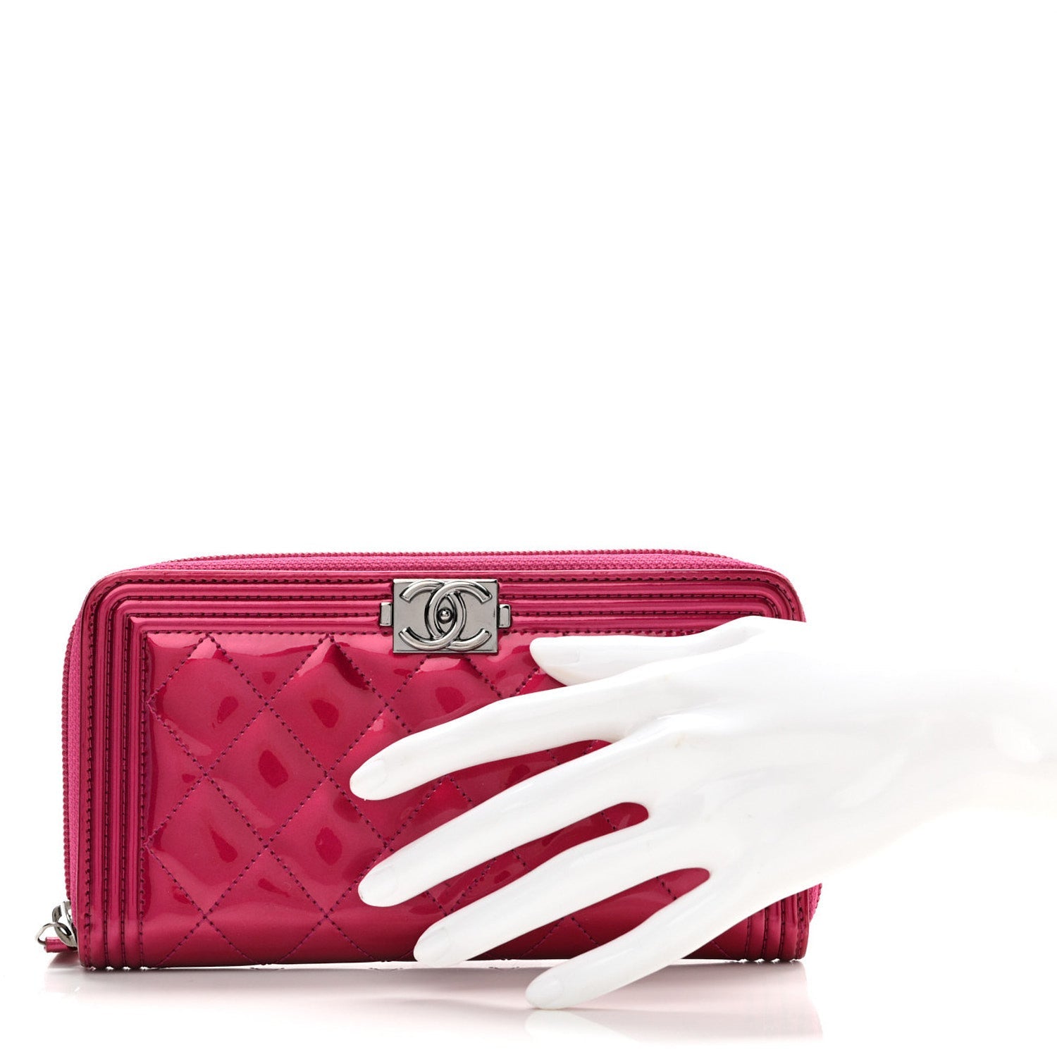 Metallic Patent Calfskin Quilted Boy L-Gusset Zip Wallet Pink
