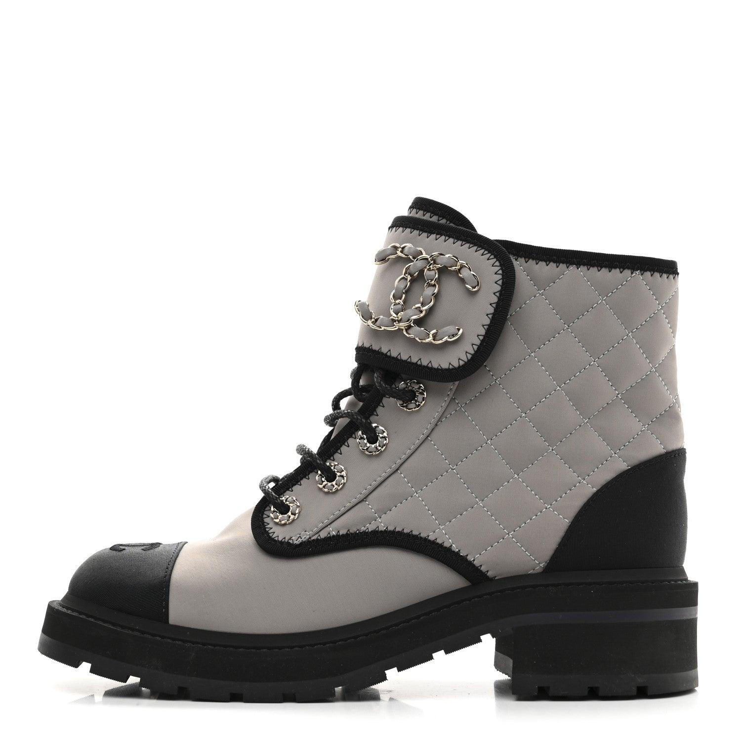 Fabric Grosgrain Quilted Cap Toe Lace Up Combat Boots 39 Grey Black