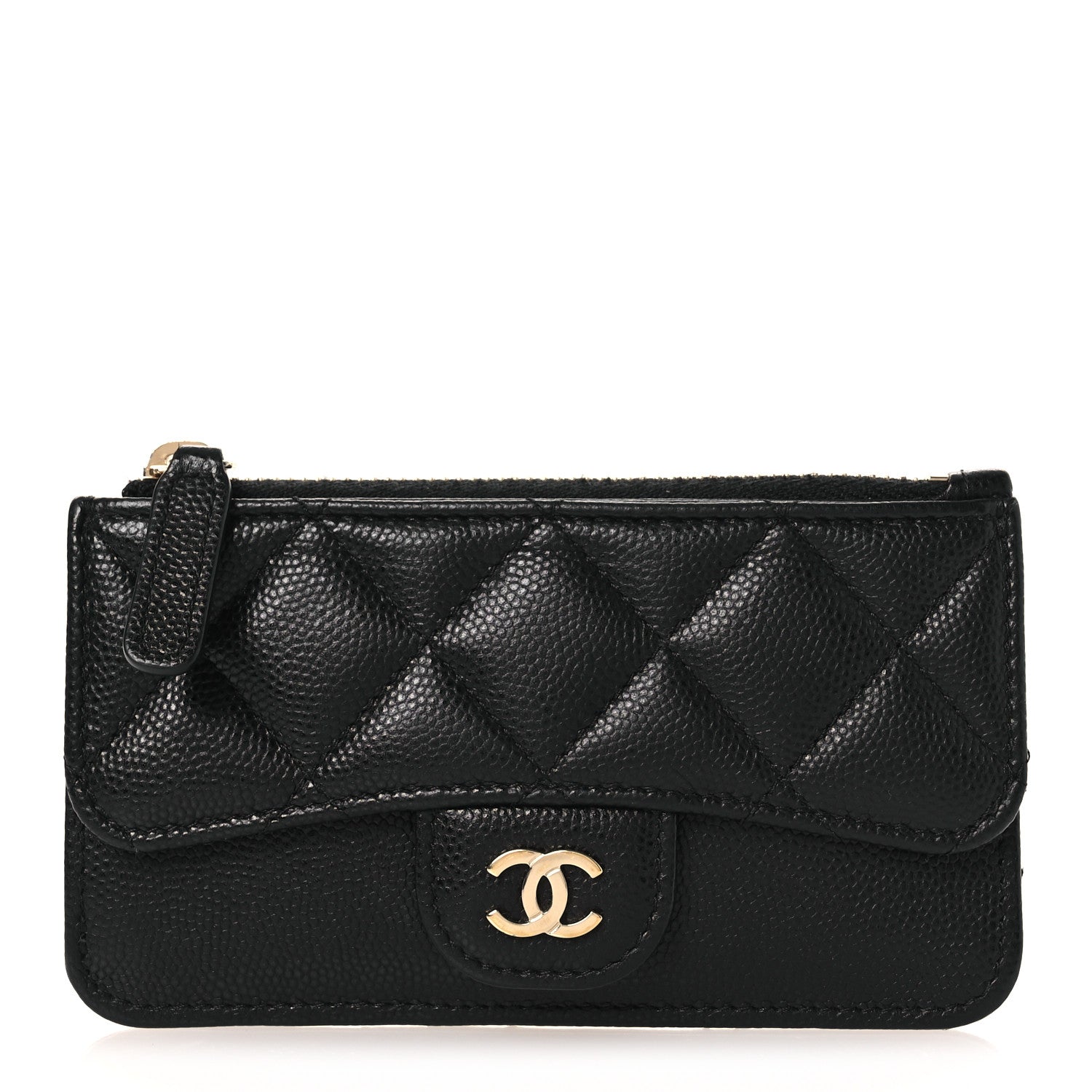 Caviar Quilted Flap Zip Card Holder Black