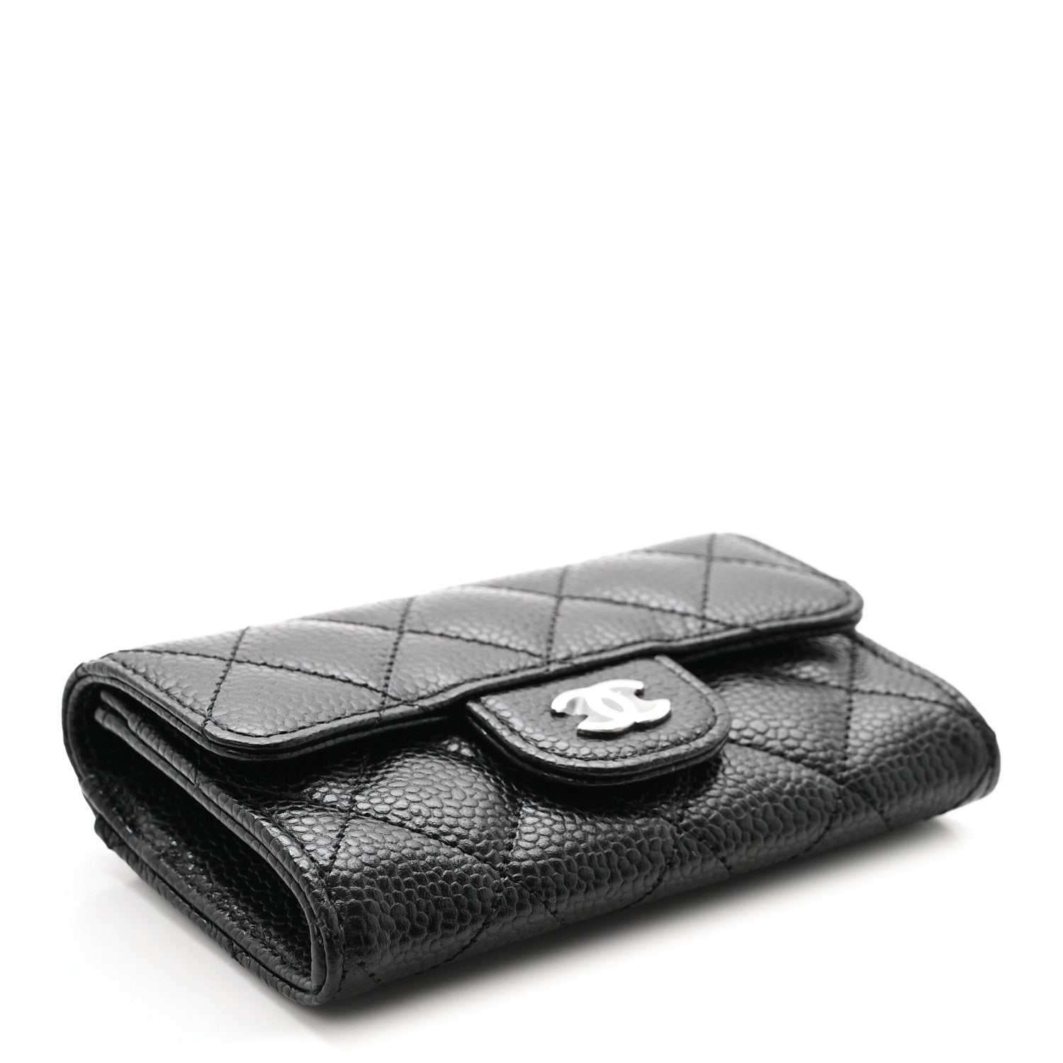 Caviar Quilted Flap Card Holder Wallet Black