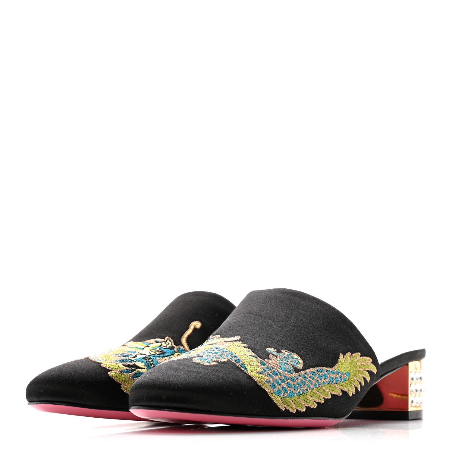 Satin Dragon Embroidered Candy Mules 36.5 Black